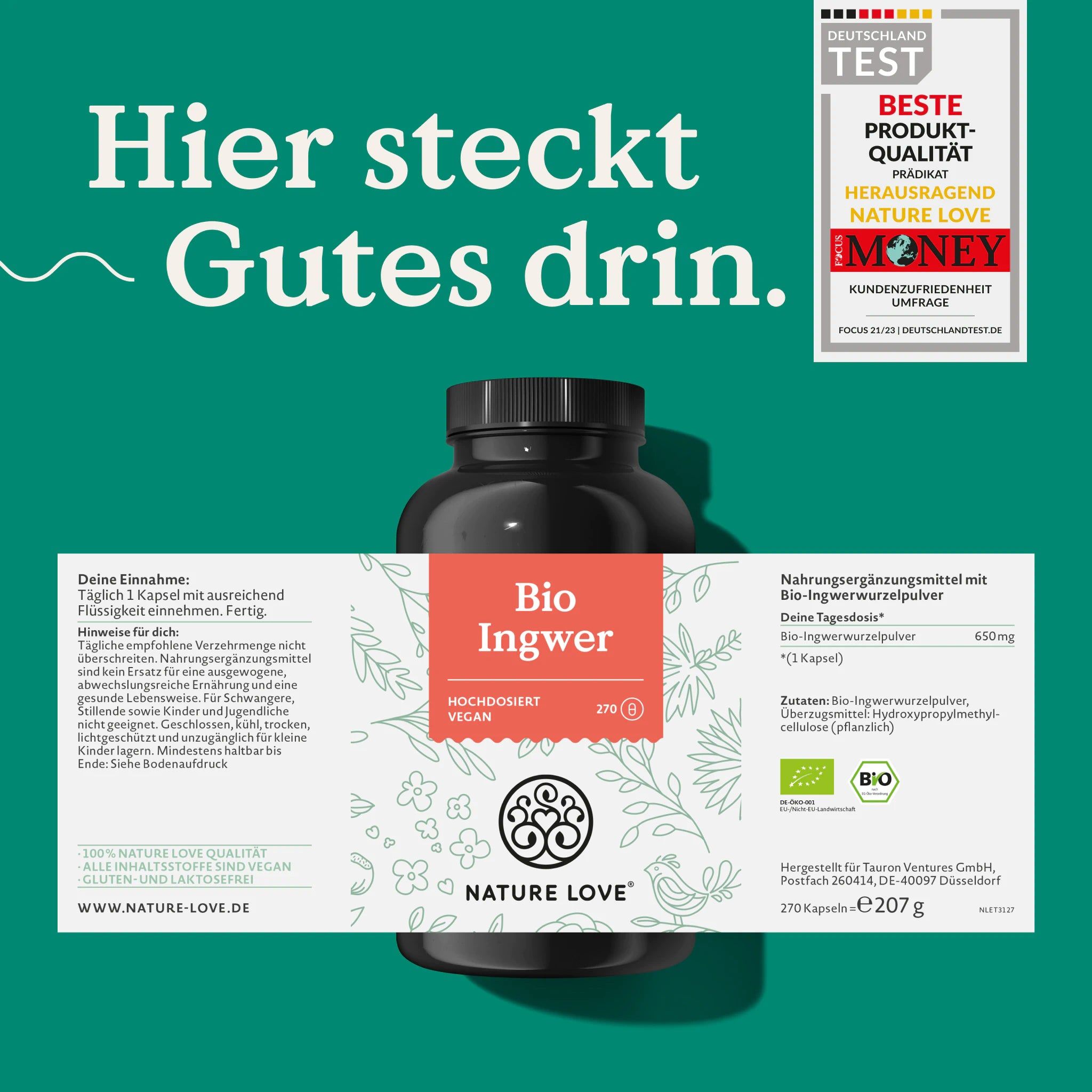 Schwarze Flasche mit Etikett. "Bio Ingwer" und "NATURE LOVE" sichtbar. Vegan. 270 Kapseln. Text: "Hier steckt Gutes drin."