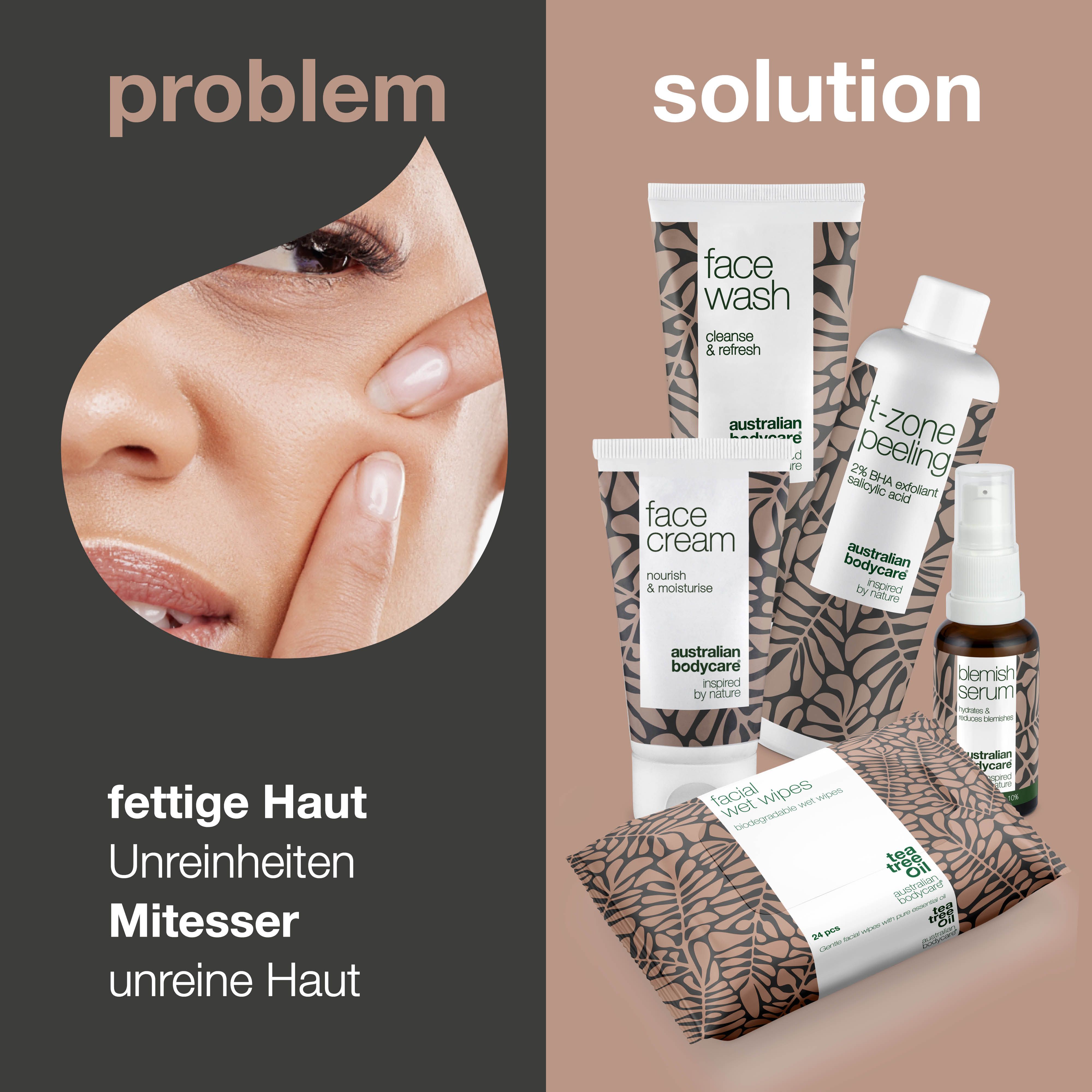 Vergleich von Hautproblemen und Lösungen. Produkte: Gesichtsreiniger, Peeling, Serum, Creme, Tücher.