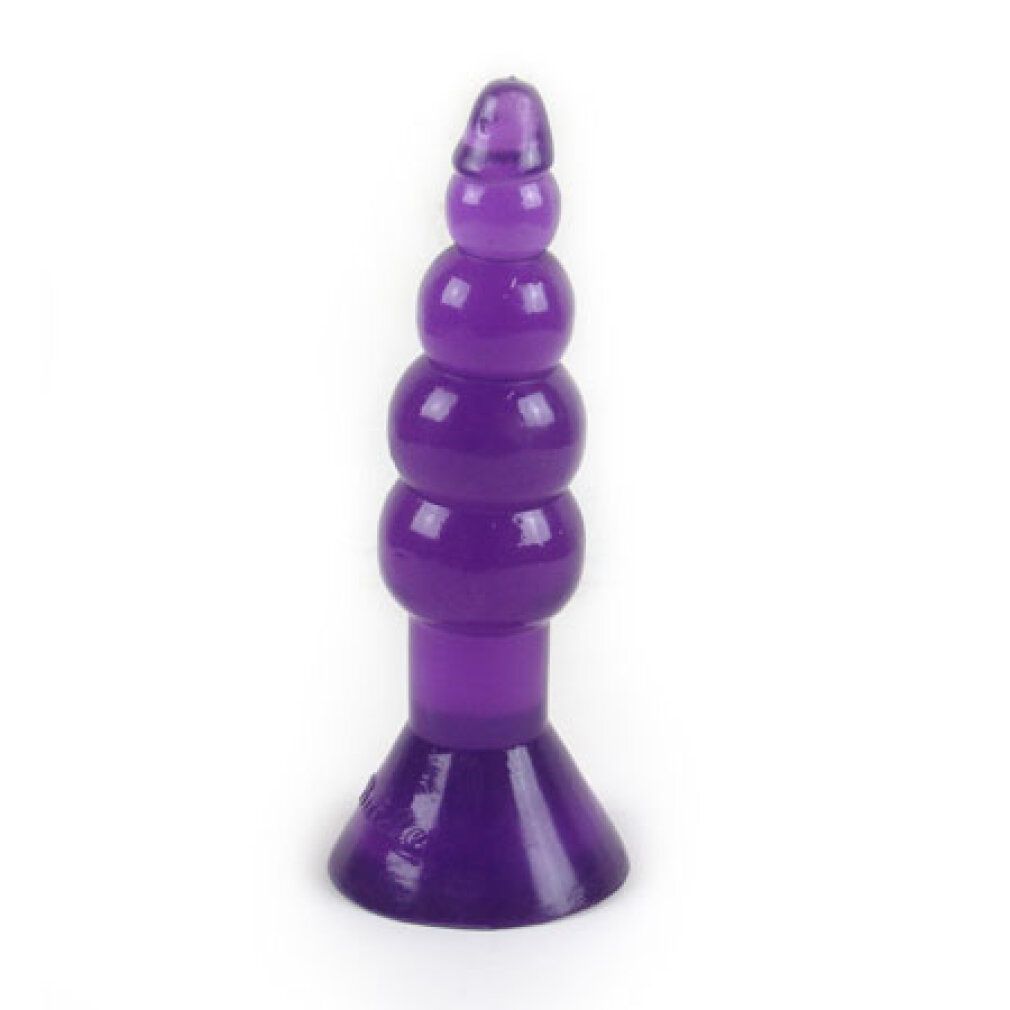 Lila, bulbös geformter Analplug. Besteht aus mehreren Kugeln und einem konischen Sockel. Auf weißem Hintergrund.