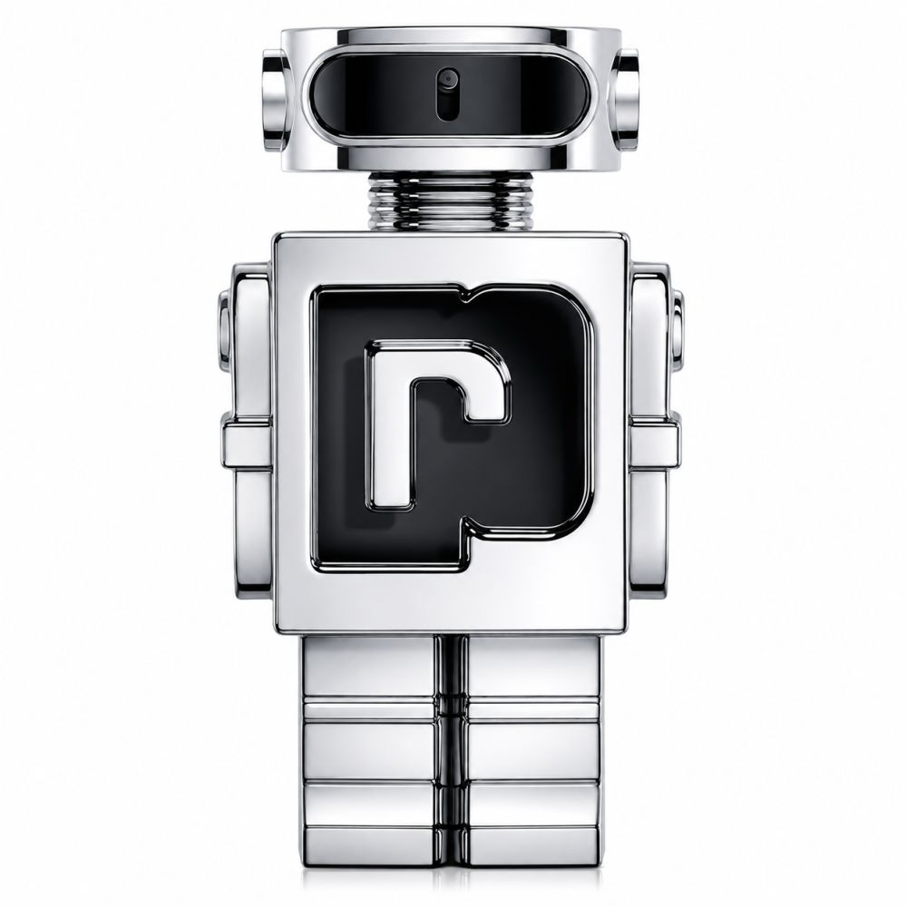 Roboterförmiger silberner Flakon mit schwarzem 'P'-Logo.