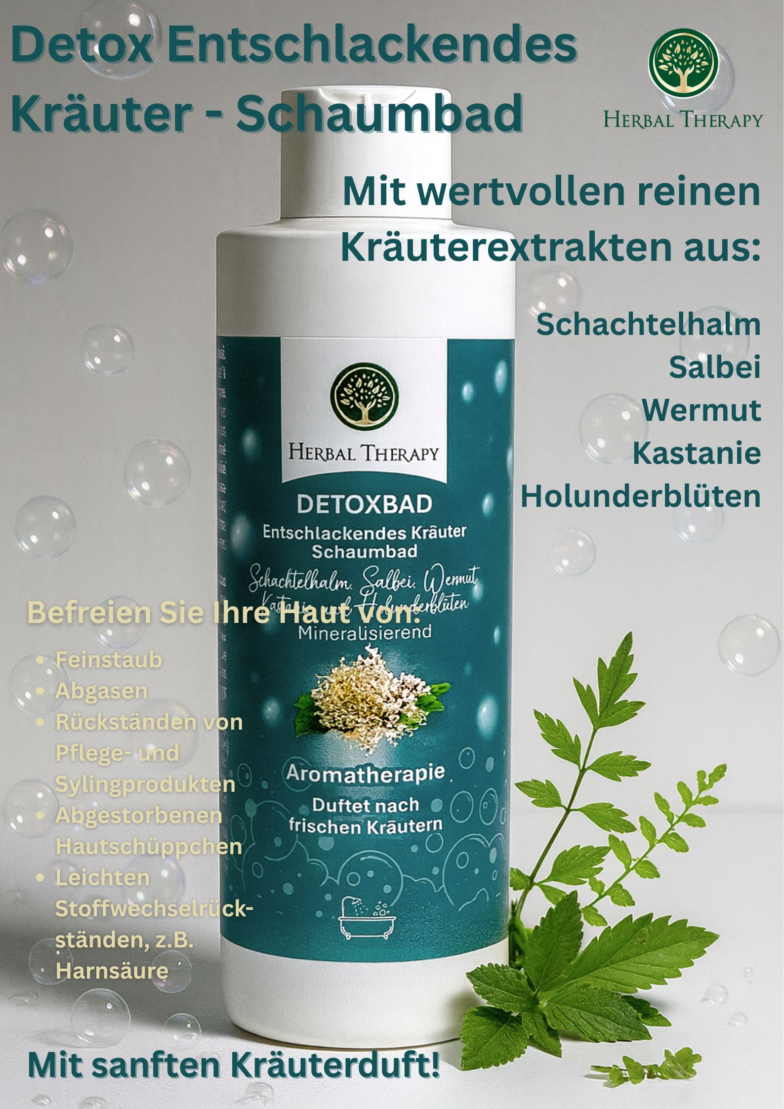 Grüne Flasche mit weißem Deckel. Etikett mit Produktname, Kräutern und Logo. Text: Detoxbad, Kräuter Schaumbad, Aromatherapie. Zusätzliche Texte.