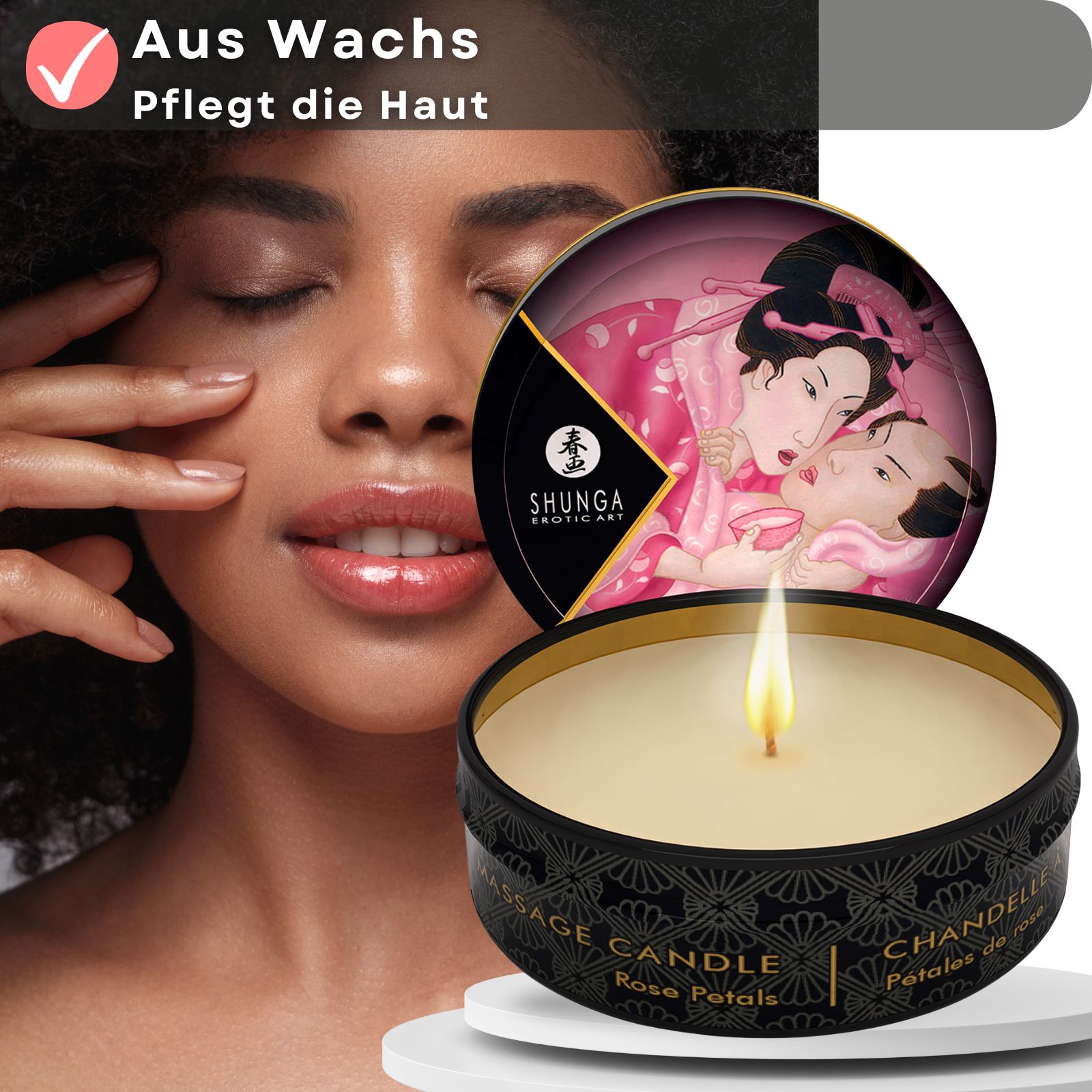 Massagekerze mit Aroma Rose. Schwarze Dose mit goldenem Rand. Deckel mit Illustration. Kerze brennt. Frau berührt Gesicht.