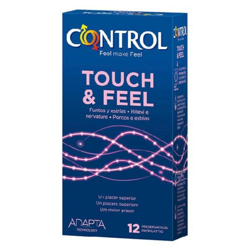 Verpackung von Control Touch & Feel. 12 Kondome. Mit Linien. Adaptatechnologie. Männliches Symbol.