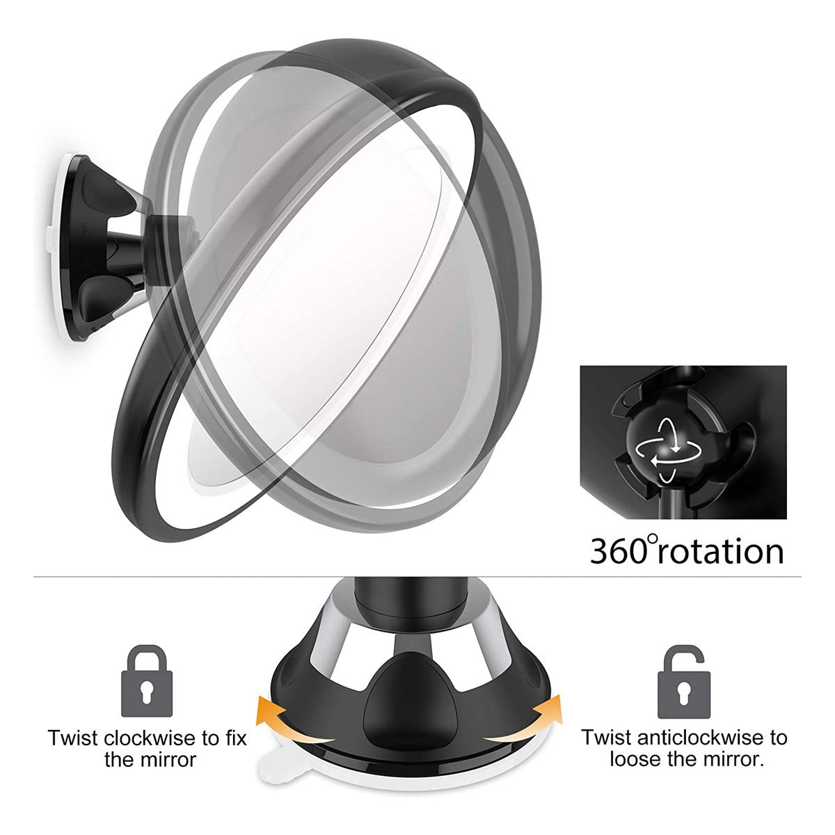 Vergrößerungsspiegel mit LED-Ringlicht, 360°-Rotation und Saugnapf.