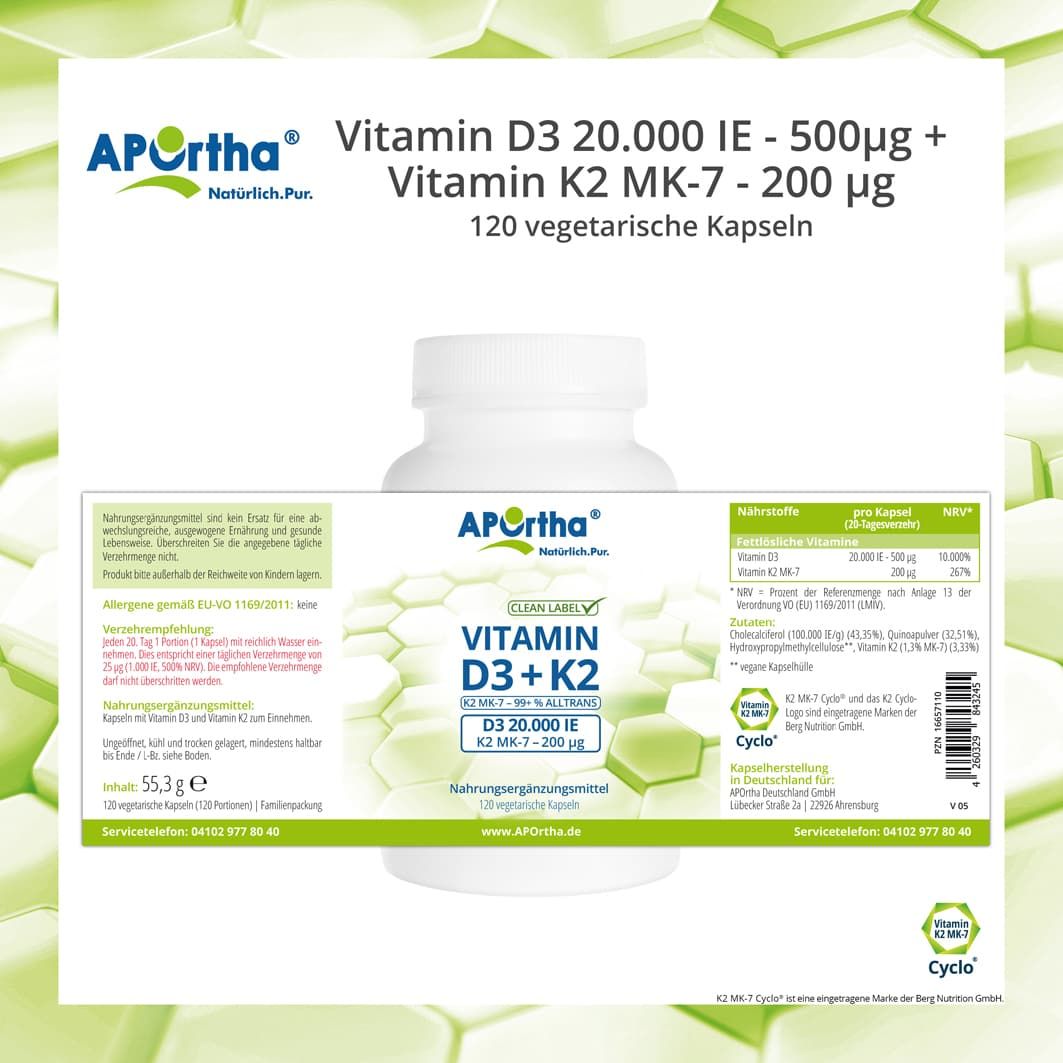 APOrtha® Vitamin D3 20.000 IE + Vitamin K2 MK-7 Cyclo® 200 µg - Kapseln