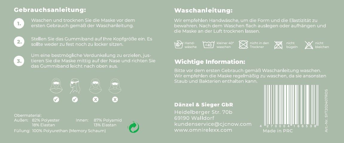 Anleitung und Informationen auf Verpackung. Waschsymbole. Marke Relexx Omni.