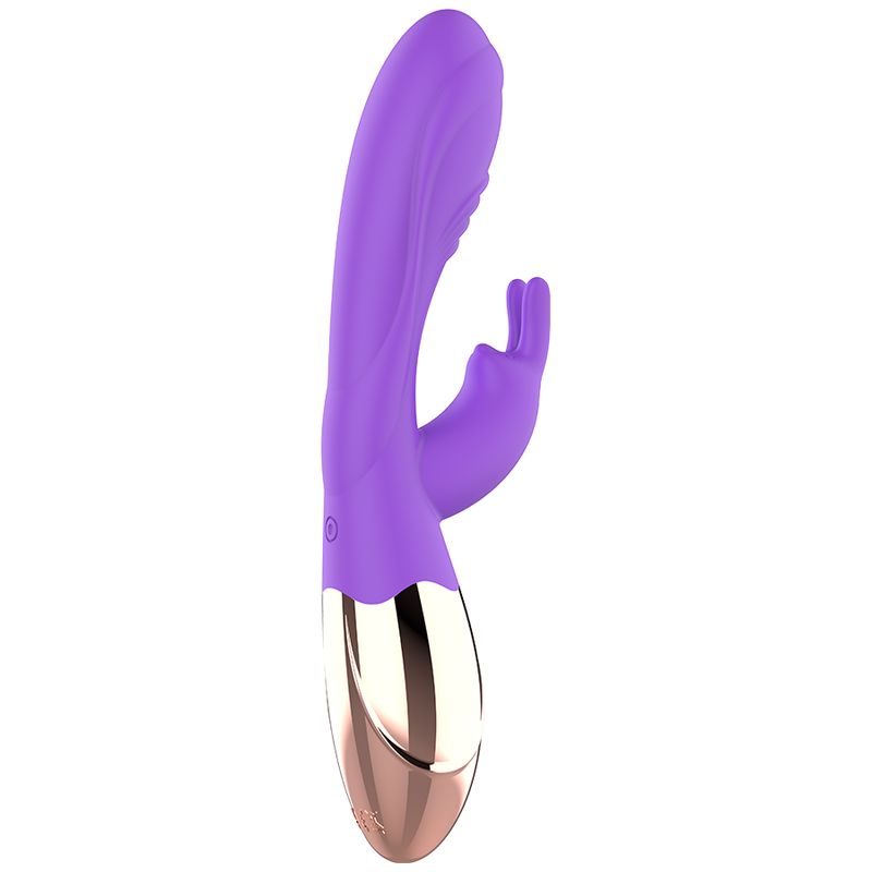 Lila Vibrator mit goldfarbenem Akzent. Silikon, ergonomische Form. Aufsatz in Fingerform.