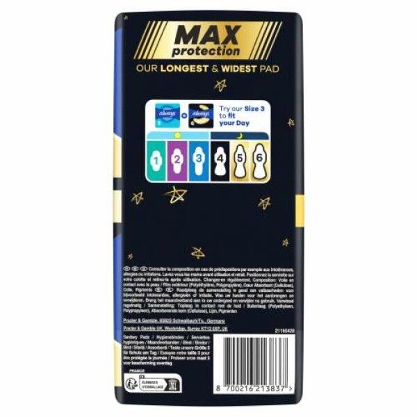 Rückseite einer Always Binde Ultimate Night Packung mit Größenübersicht und Produktinformationen.