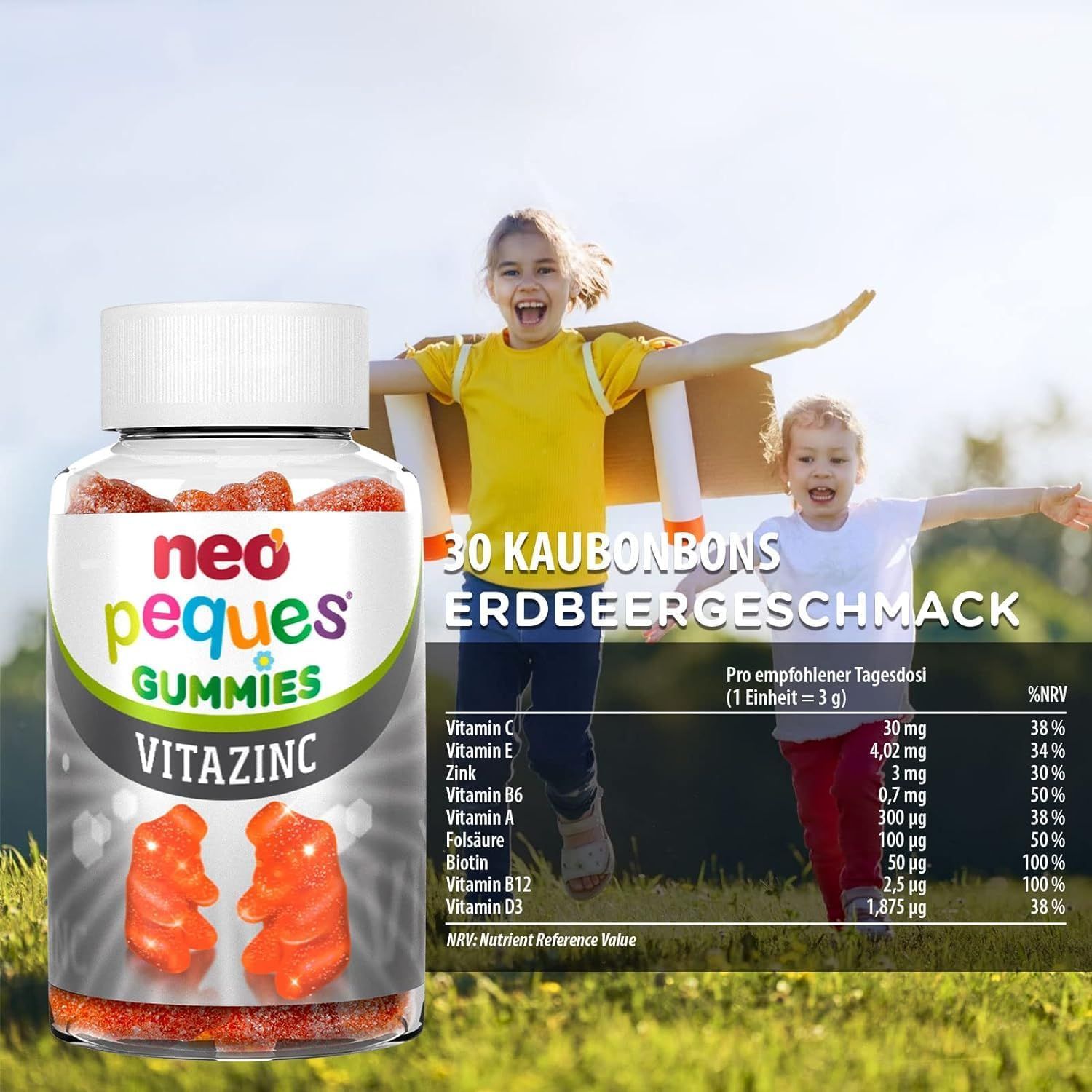 Flasche Neo Peques Gummies Vitazinc mit zwei Kindern. 30 Kaubonbons Erdbeergeschmack. Nährwerttabelle mit Vitaminen und Mineralien.