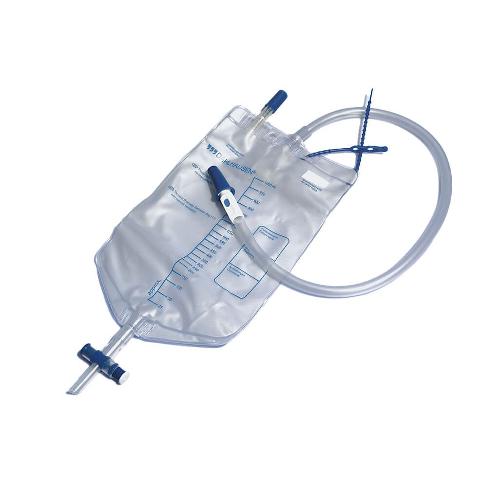 Transparenter Sekretauffangbeutel mit Messskala, Schlauch und Klemme.