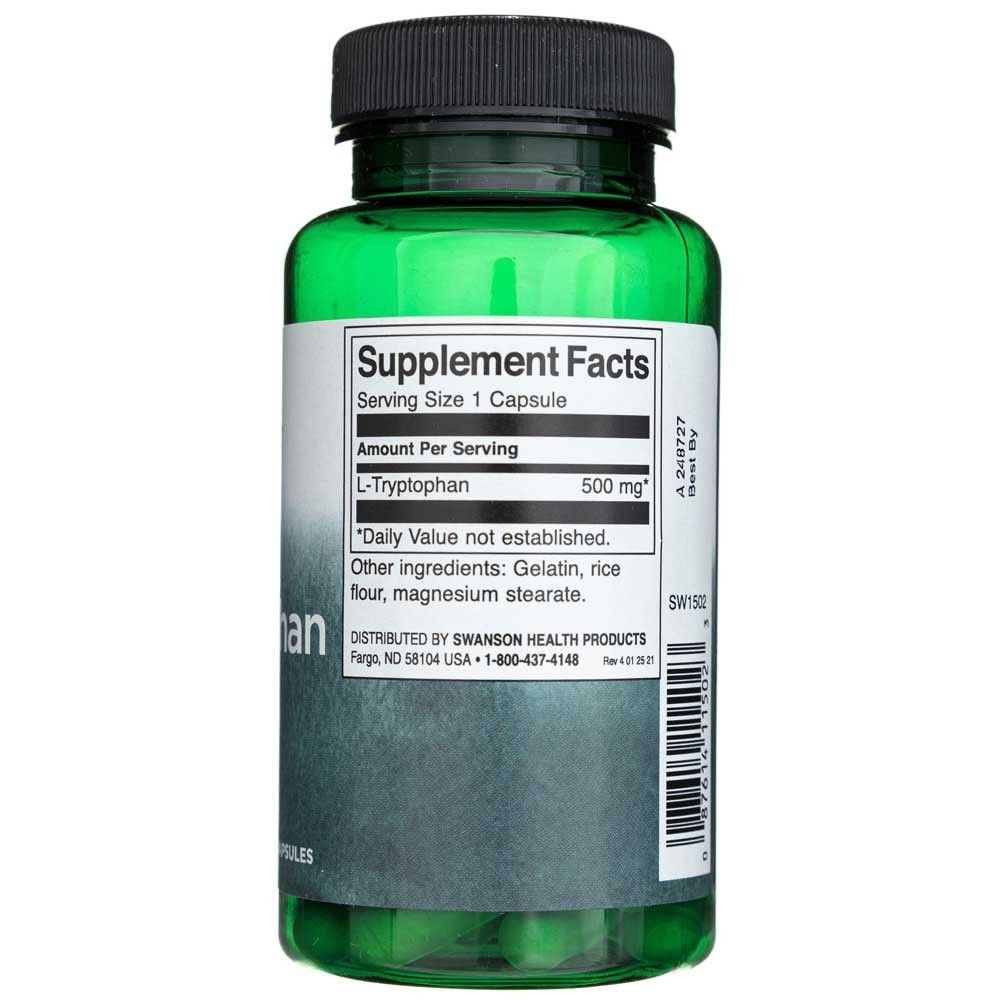 Rückseite der Swanson L-Tryptophan Flasche mit Nährwertangaben und Inhaltsstoffen.