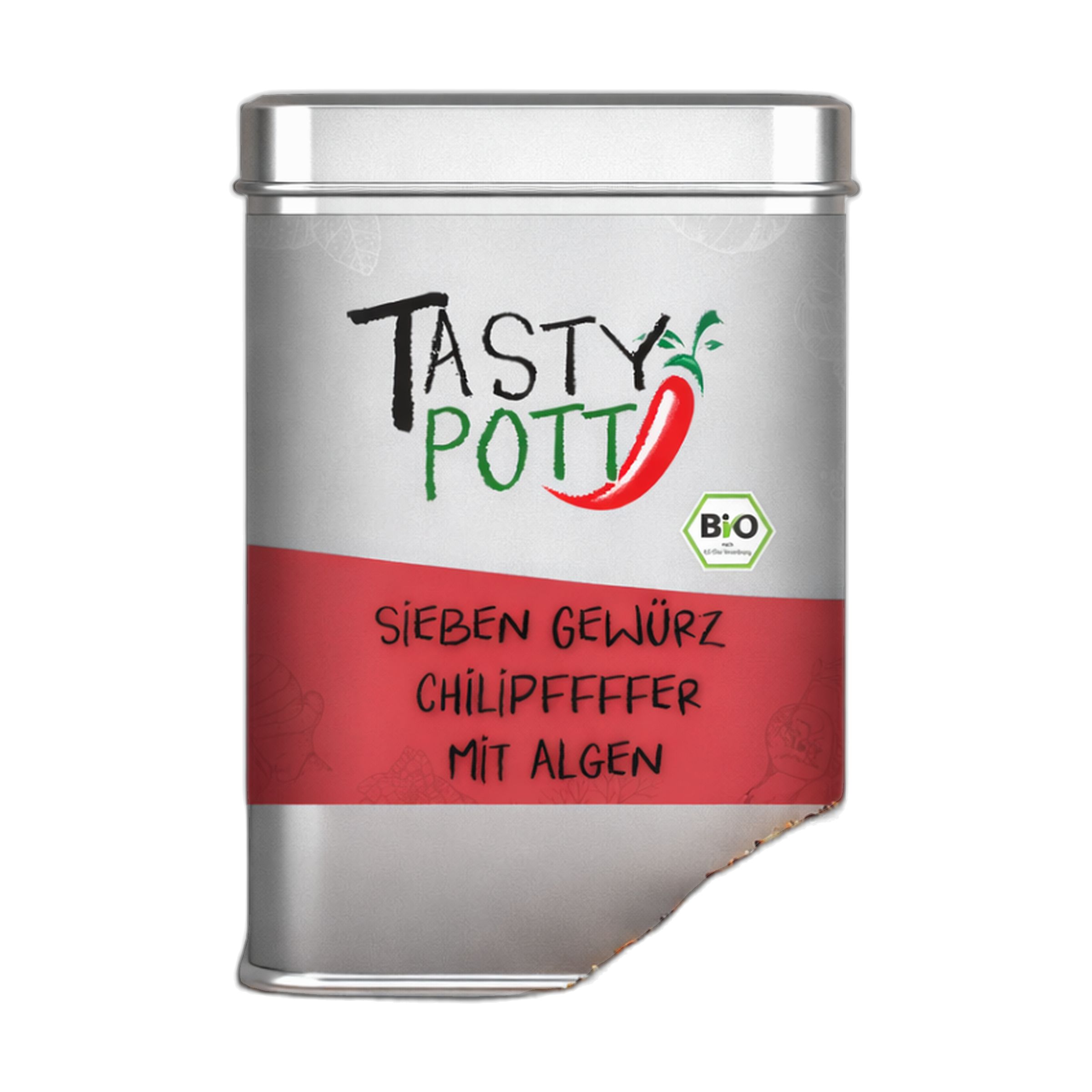 Silberne Dose mit "TASTY POTT" Logo, rotem Band und Bio-Siegel. Enthält "Sieben Gewürz Chili Pfeffer mit Algen".