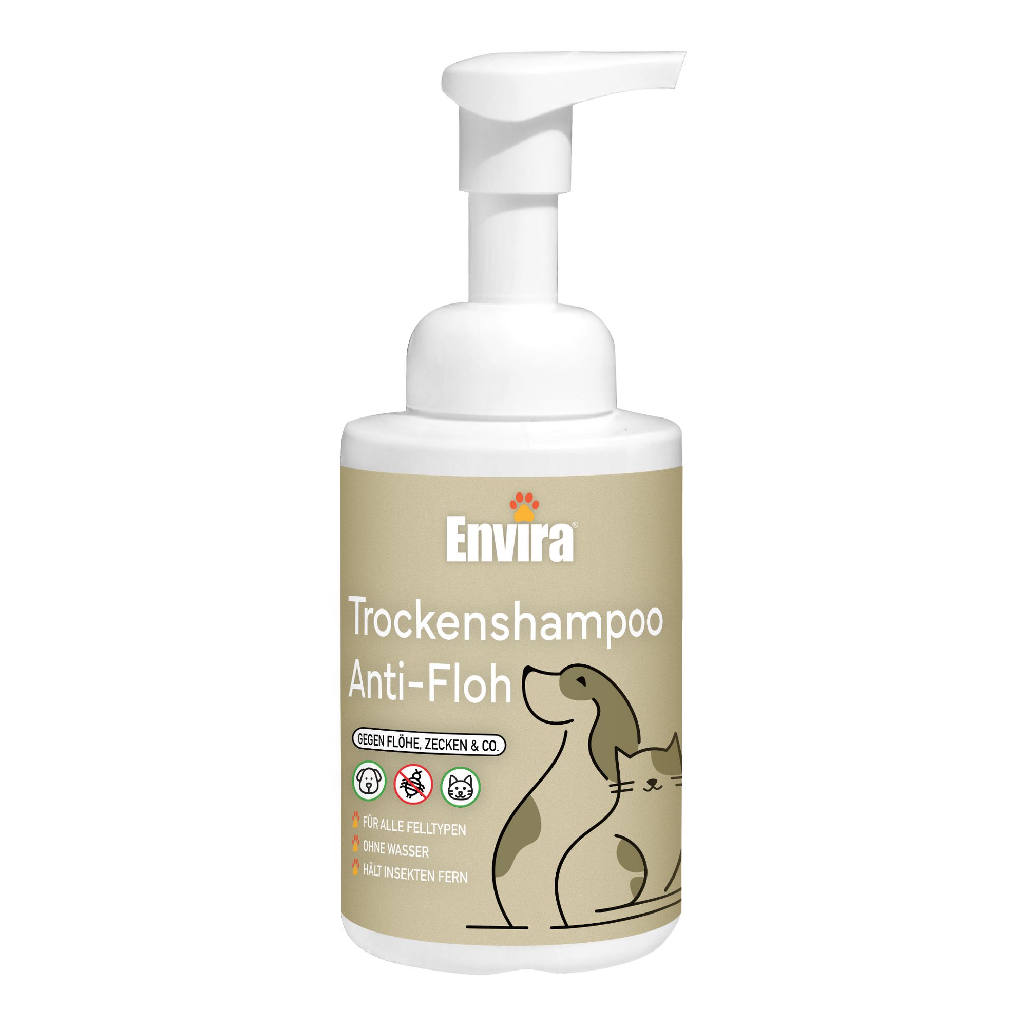Weiße Flasche mit Pumpkopf. Etikett mit Produktname, Logo und Illustration von Hund und Katze. Text: Anti-Floh, Trockenshampoo.