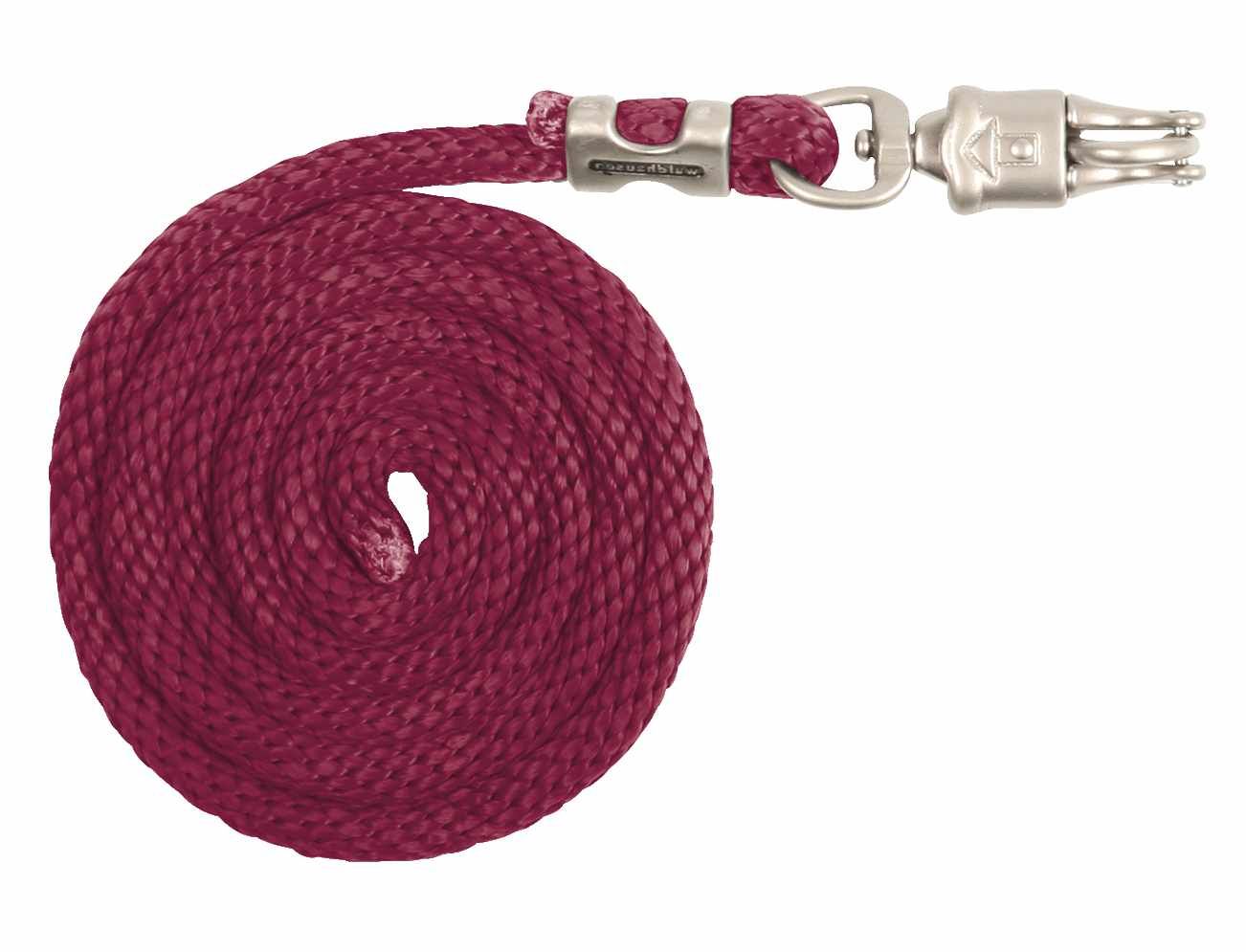 Burgunderroter Führstrick mit Panikhaken. Geflochtenes Seil, Metallkarabiner und Panikverschluss. Aufgerollt auf weißem Hintergrund.