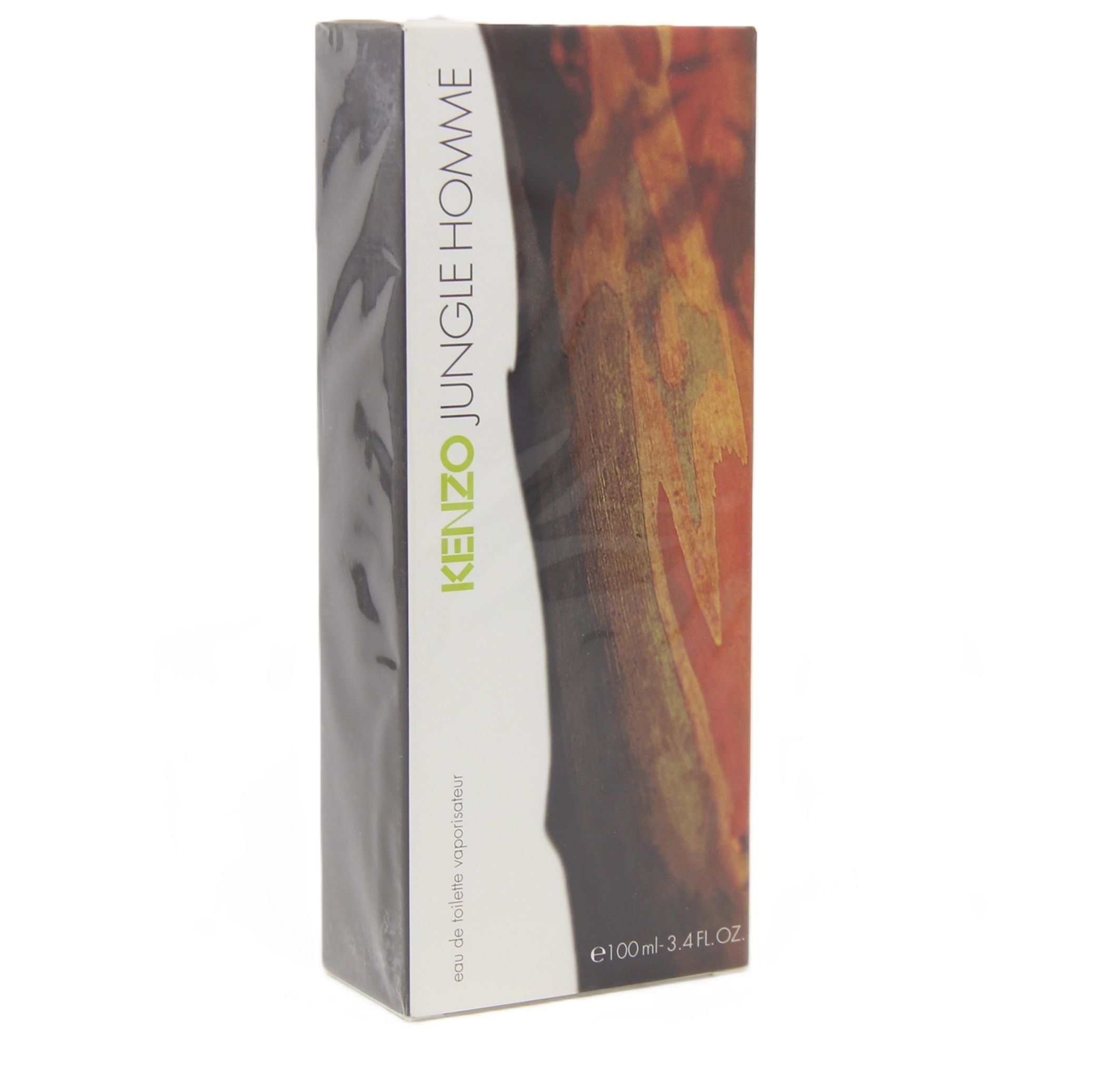 Kenzo Jungle Homme Eau de Toilette. Rechteckige Verpackung mit Produktnamen und Logo. Hintergrund mit Baumrinde-Design.