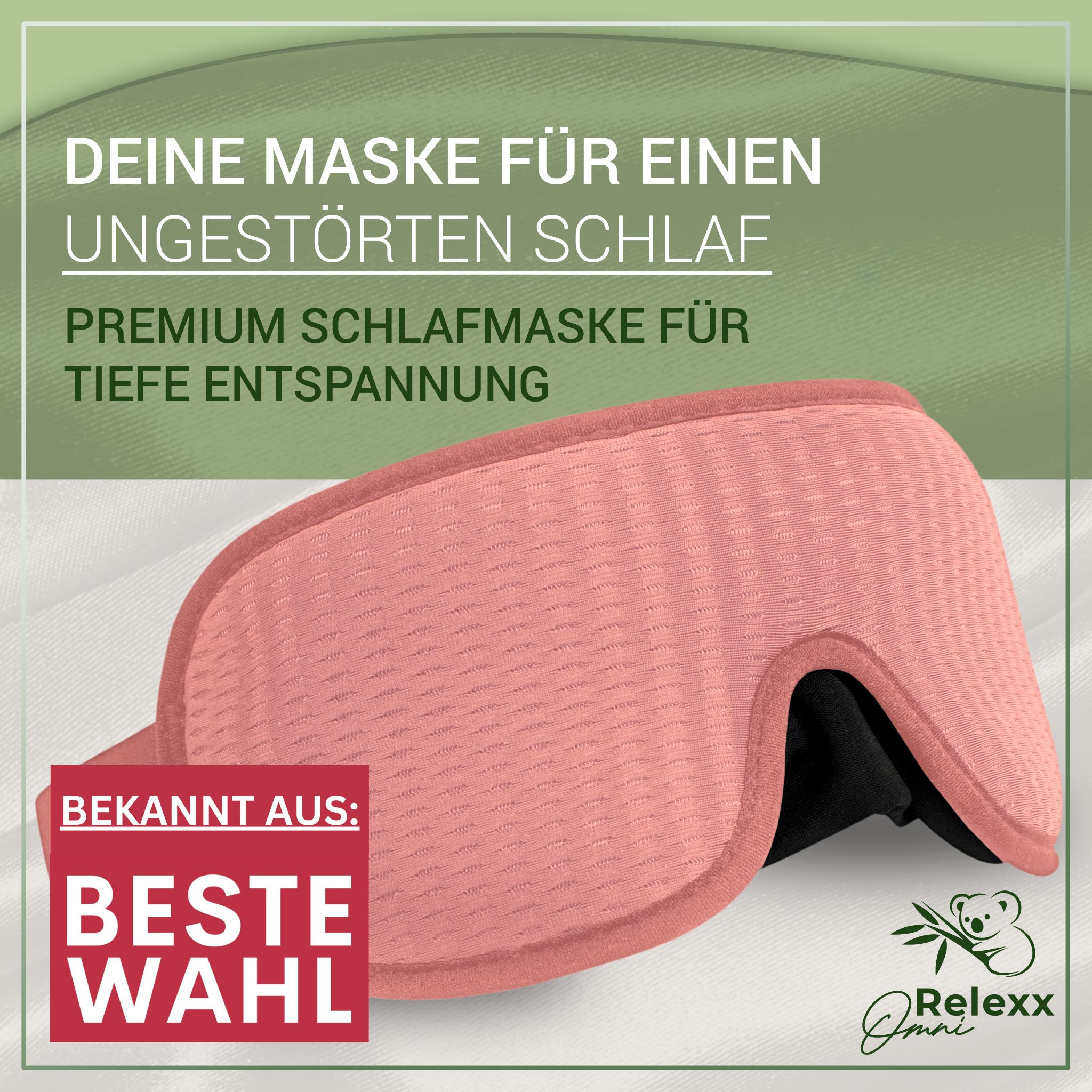 Rosa Schlafmaske. Premium Schlafmaske. Marke Relexx Omni. Bestseller.