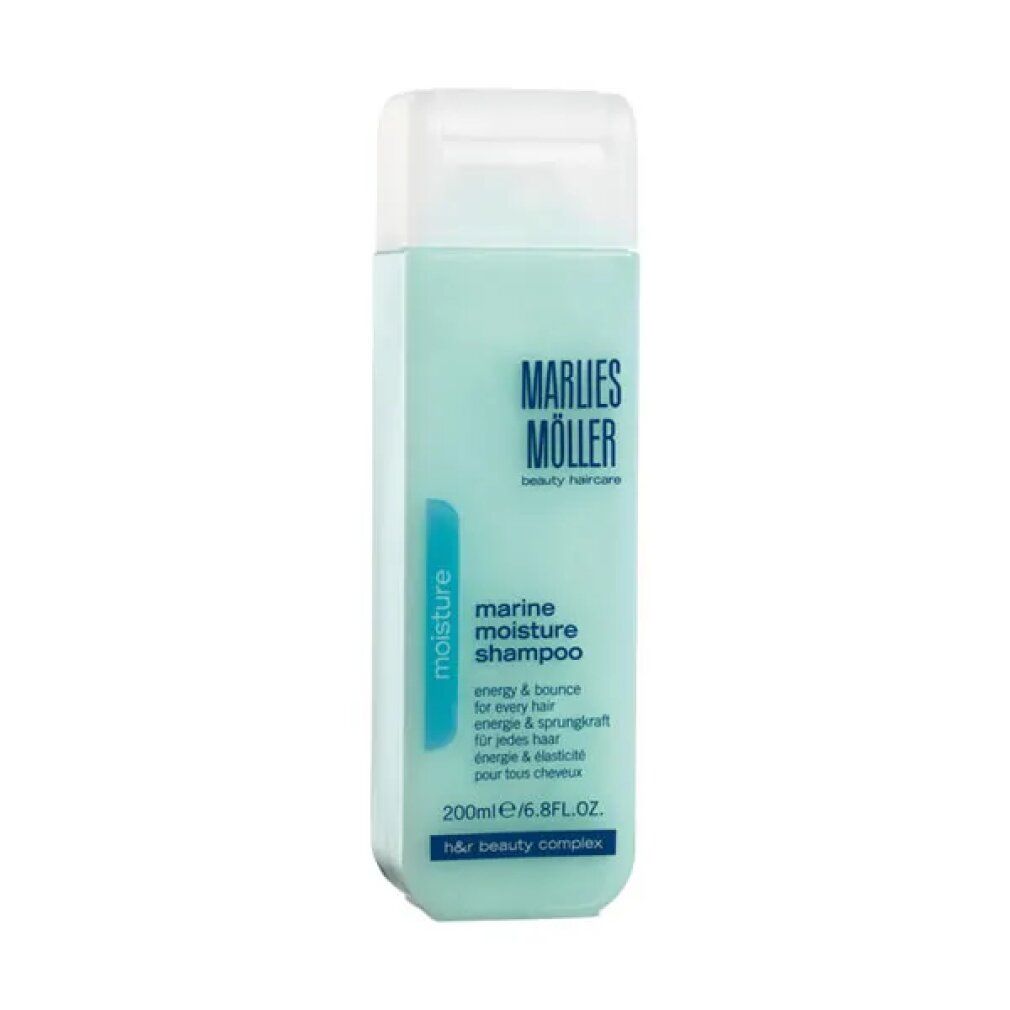 Hellblaues Shampoo von Marlies Möller. Rechteckige Flasche mit weißem Deckel. Aufschrift: Marine Moisture Shampoo.