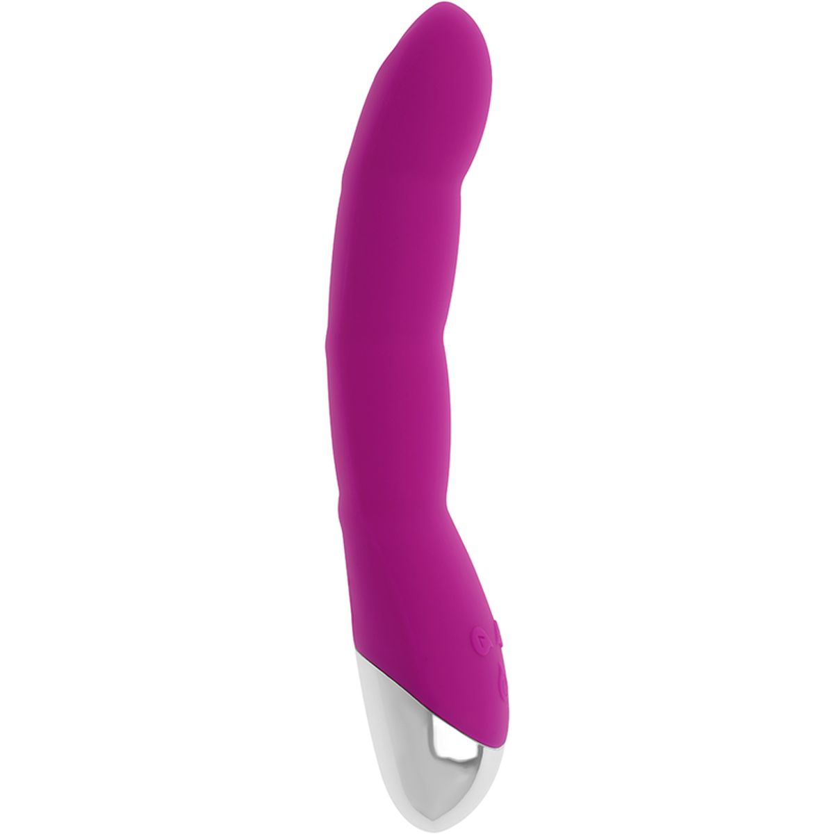 Vibrator in Magenta mit silberfarbenem Kopf. Wellenstruktur, ergonomische Form. Knöpfe am unteren Ende.