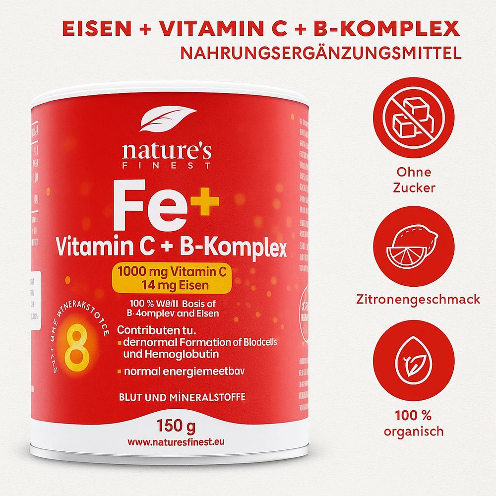 Rote Dose "Nature's Finest Fe+ Vitamin C + B-Komplex". Enthält 1000 mg Vitamin C und 14 mg Eisen. 150 g. Ohne Zucker.