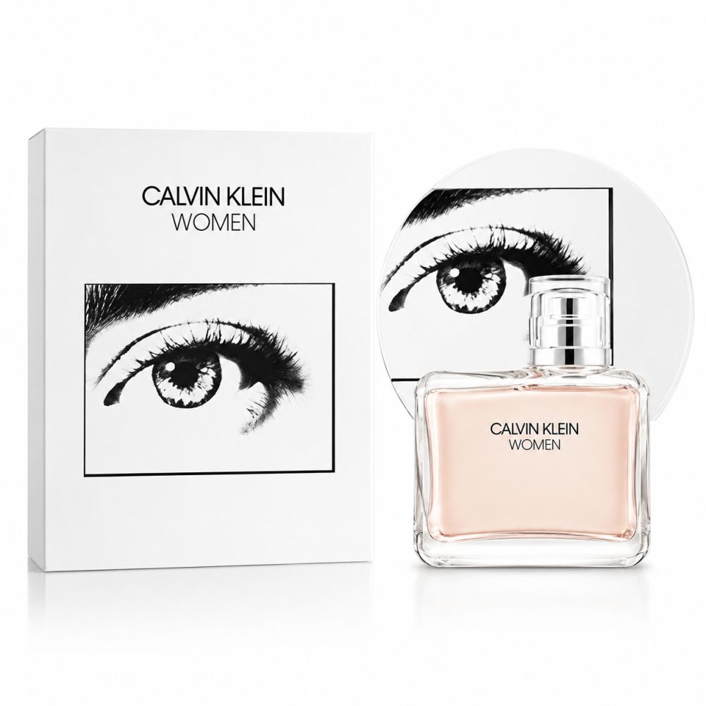 Calvin Klein Women Eau de Parfum Flakon neben einer weißen Verpackung mit Augenmotiv.