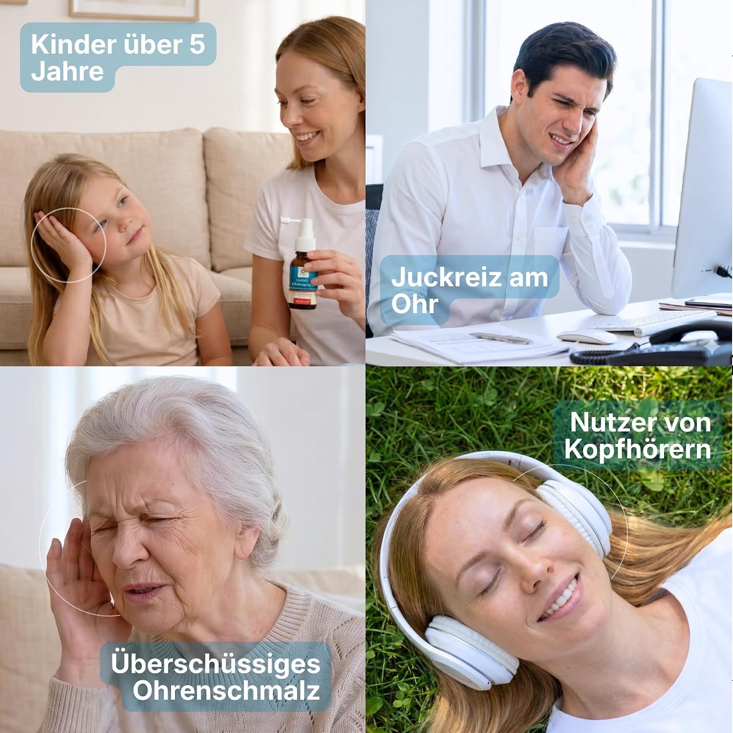 Vier Szenen: Kinder, Juckreiz, ältere Frau, Kopfhörer-Nutzer.