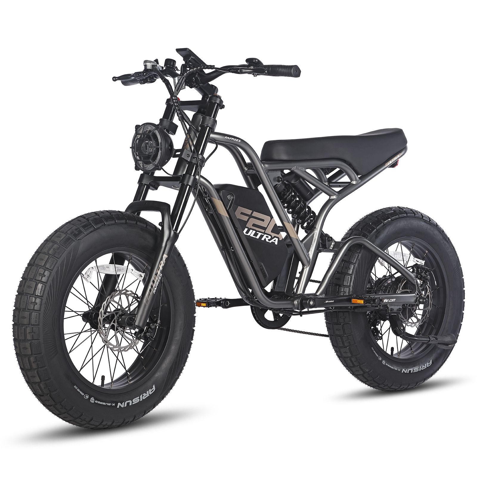Graues E-Dirtbike mit schwarzen Reifen. Sichtbar: Sattel, Motor, Scheinwerfer, F20 Ultra-Logo.