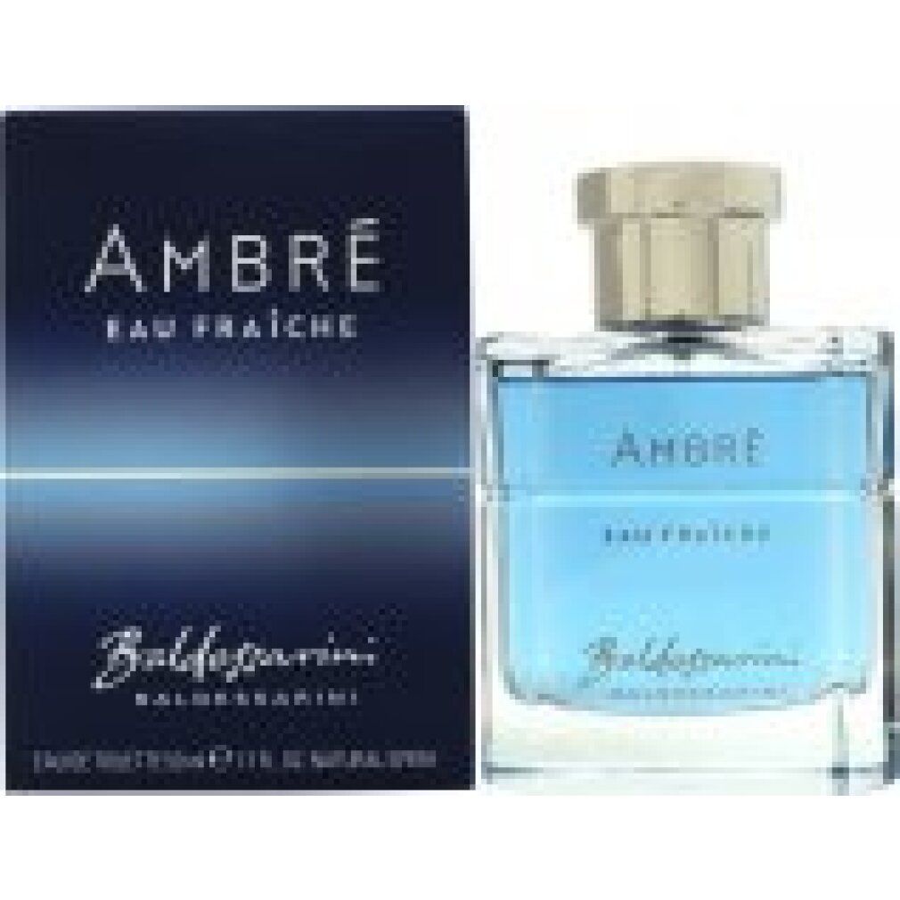 Eau de Toilette-Flakon und Schachtel. Aufschrift "AMBRE Eau Fraiche" und "Baldessarini". Blaue Verpackung.