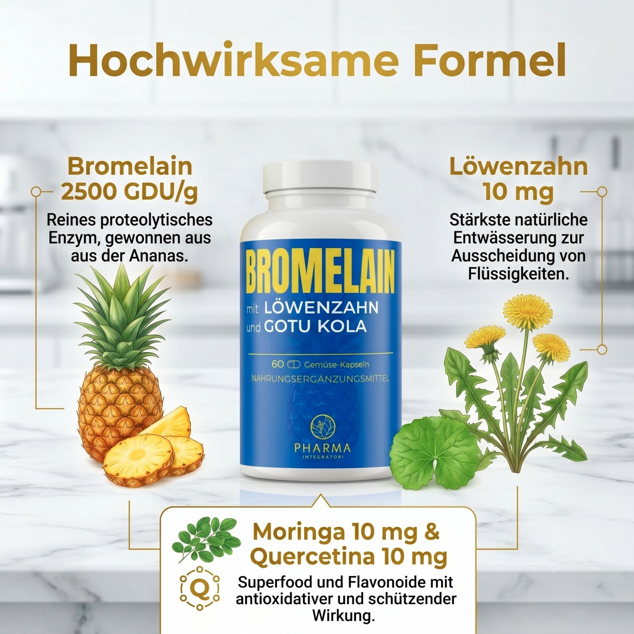 Flasche Bromelain mit Löwenzahn und Gotu Kola, mit Ananas, Löwenzahn und Moringa.