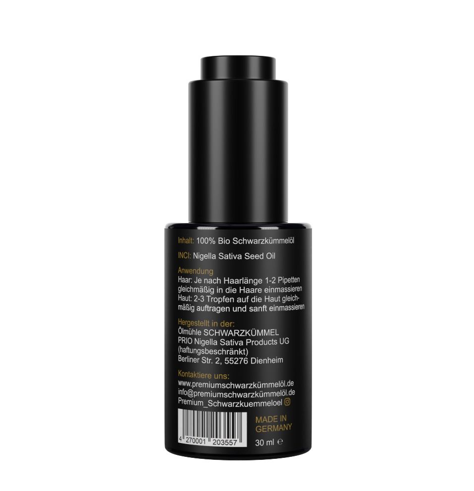 Rückseite der BIOLAVIVA Pures BIO-Schwarzkümmelöl-Flasche. Schwarze Flasche mit Text. Enthält Informationen zu Inhaltsstoffen und Anwendung.