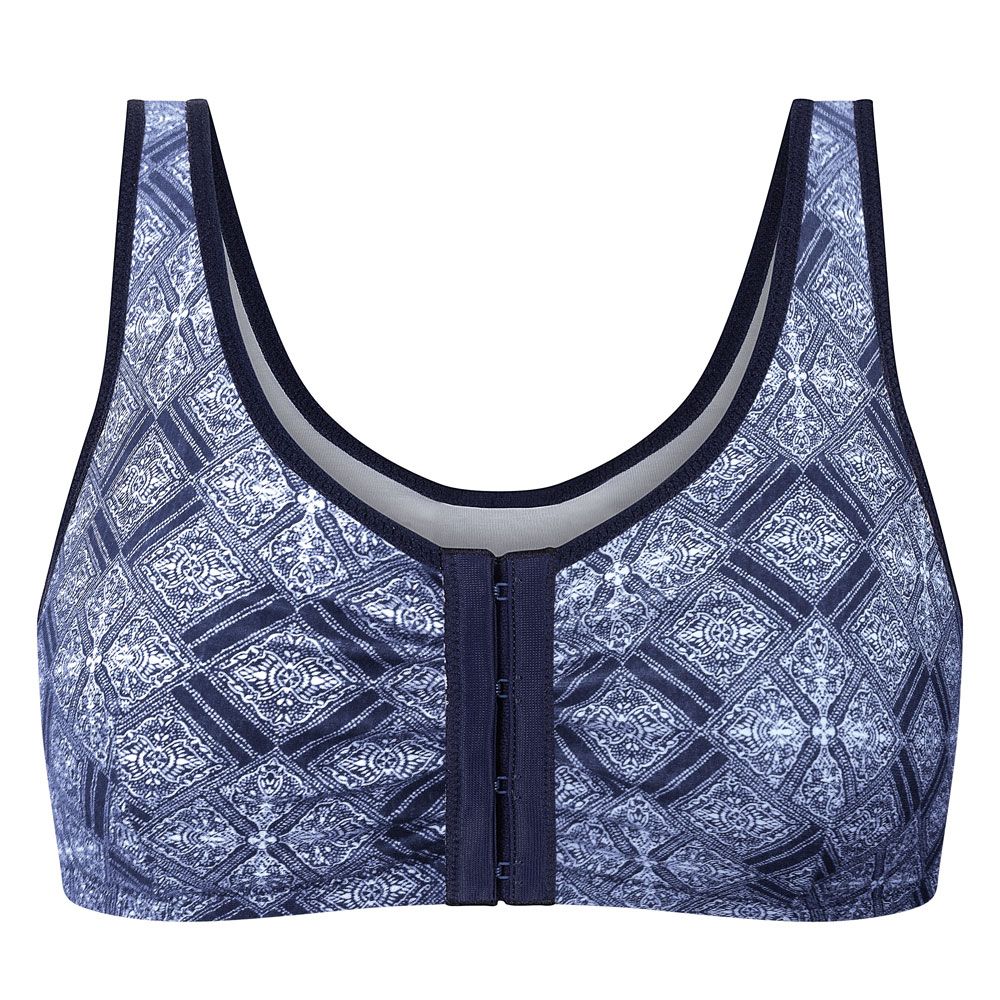 Blauer BH mit geometrischem Muster. Vorderverschluss mit Haken. Breite Träger und breiter Steg.