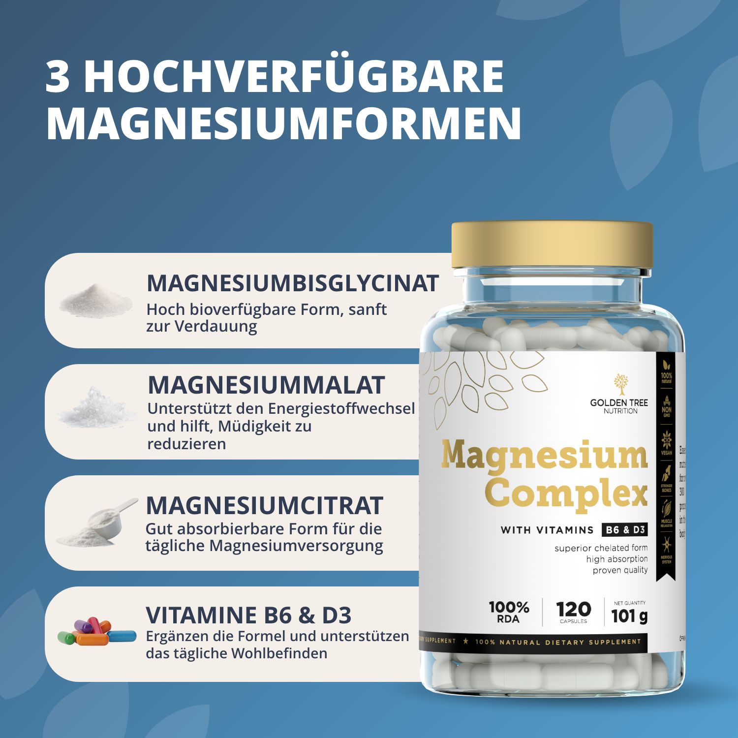 Flasche mit Golden Tree Magnesium Complex Kapseln, daneben Magnesiumpulver.