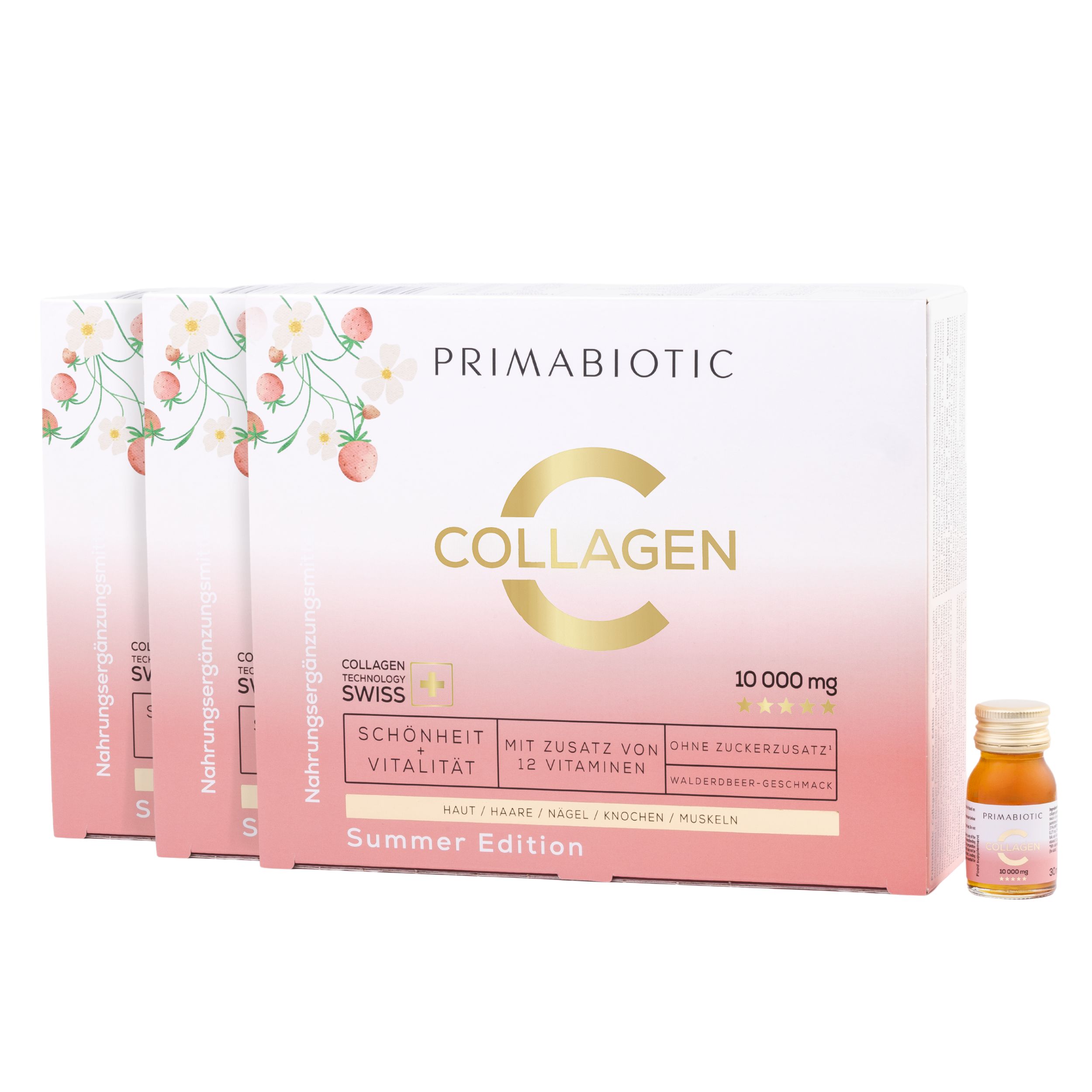 Mehrere Packungen Primabiotic Collagen Summer. Jede Packung enthält 30 Flaschen. Eine einzelne Flasche steht daneben.