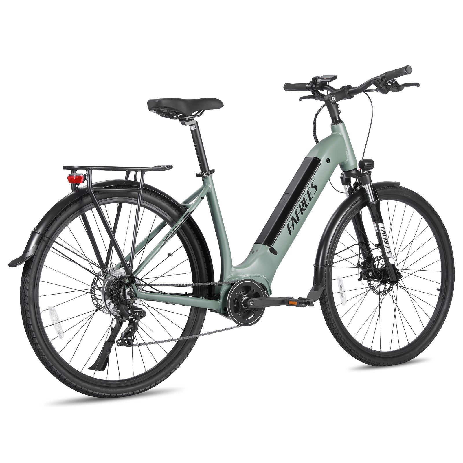 Grünes Trekking-E-Bike mit Gepäckträger und Rücklicht. Schwarze Reifen und Komponenten. Marke FAFREES.