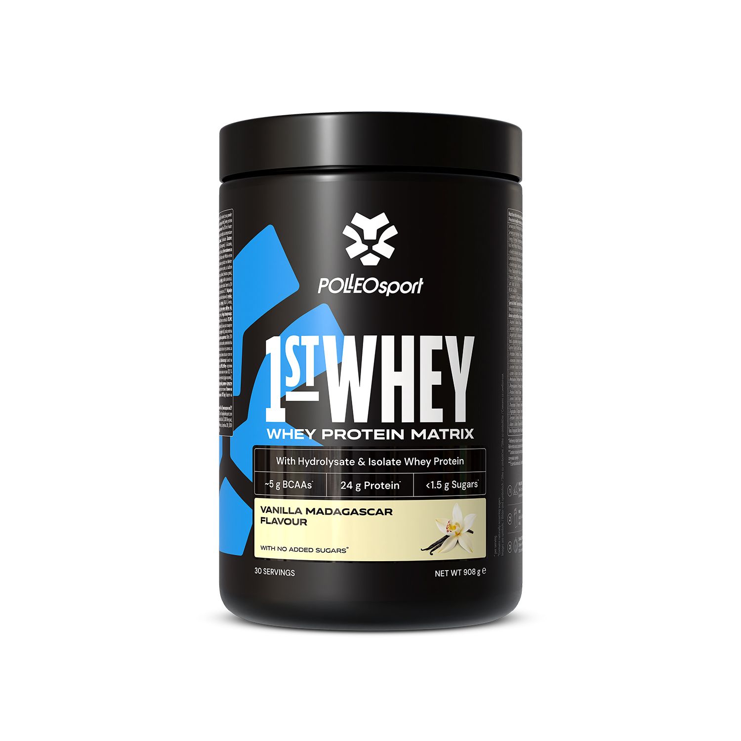 Schwarze Dose mit Produktbezeichnung und Vanille-Abbildung. Text: 1st: Whey, 24g Protein, 5g BCAA, <1.5g Zucker.