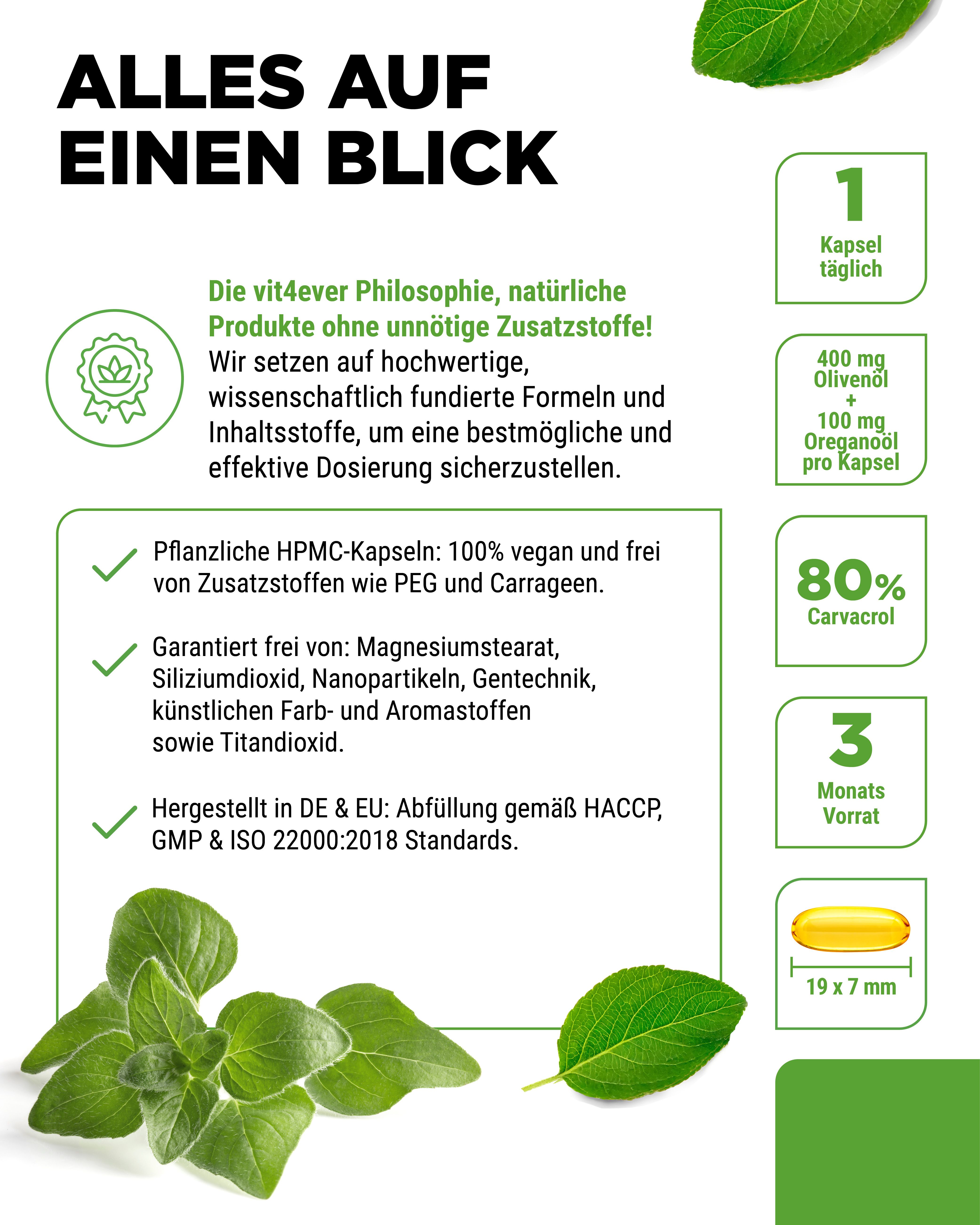 Flasche Bio Olivenöl + Oreganoöl. 80% Carvacrol. 90 Kapseln. Vegan. Text: 1 Kapsel täglich. 400mg Olivenöl + 100mg Oreganoöl.