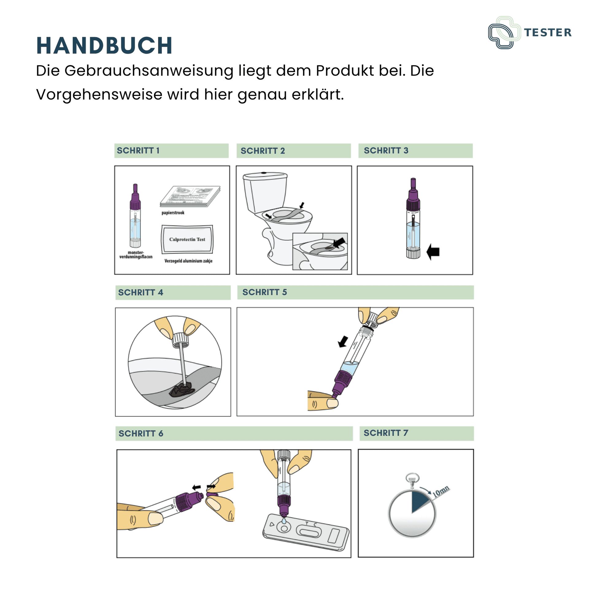 Anleitung für Calprotectin-Selbsttest: 7 Schritte zur Durchführung des Tests mit Probenentnahme.