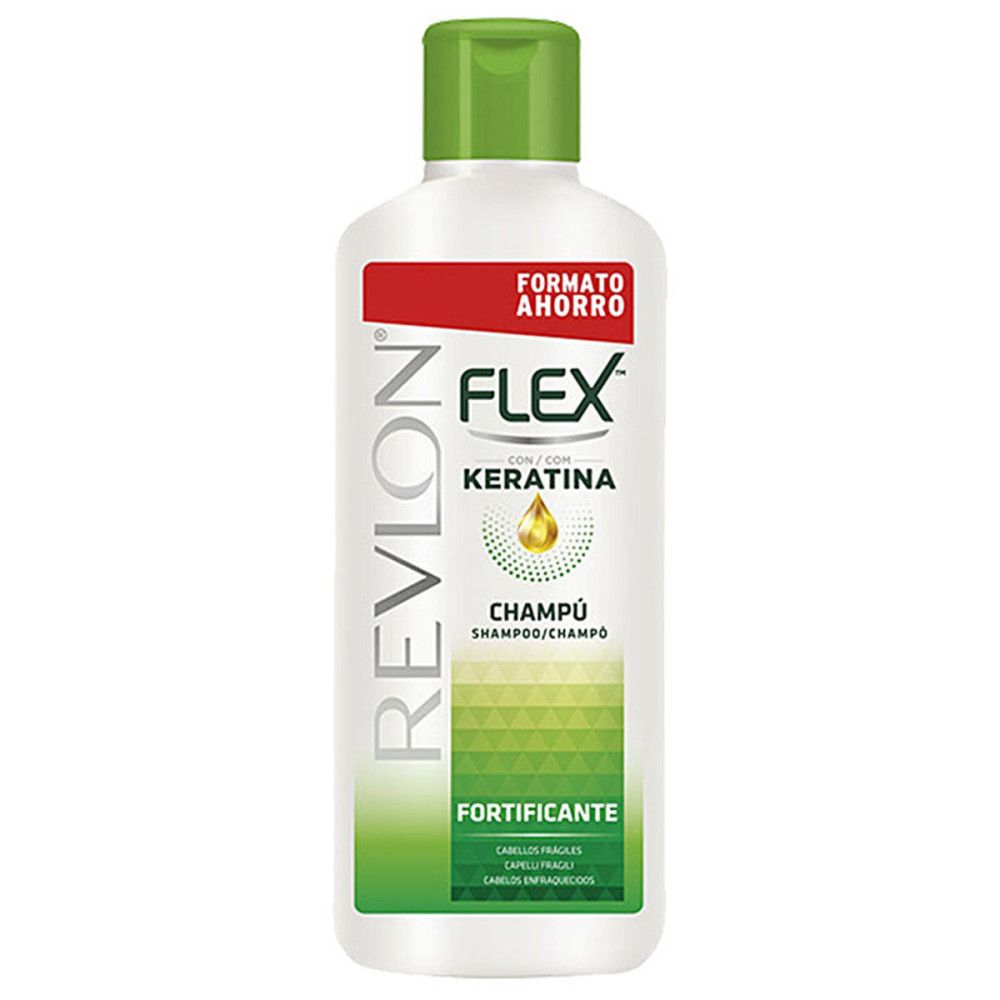 Weiße Flasche mit grünem Deckel. Aufschrift: Revlon Flex con Keratina Champú Fortificante. Formato Ahorro.