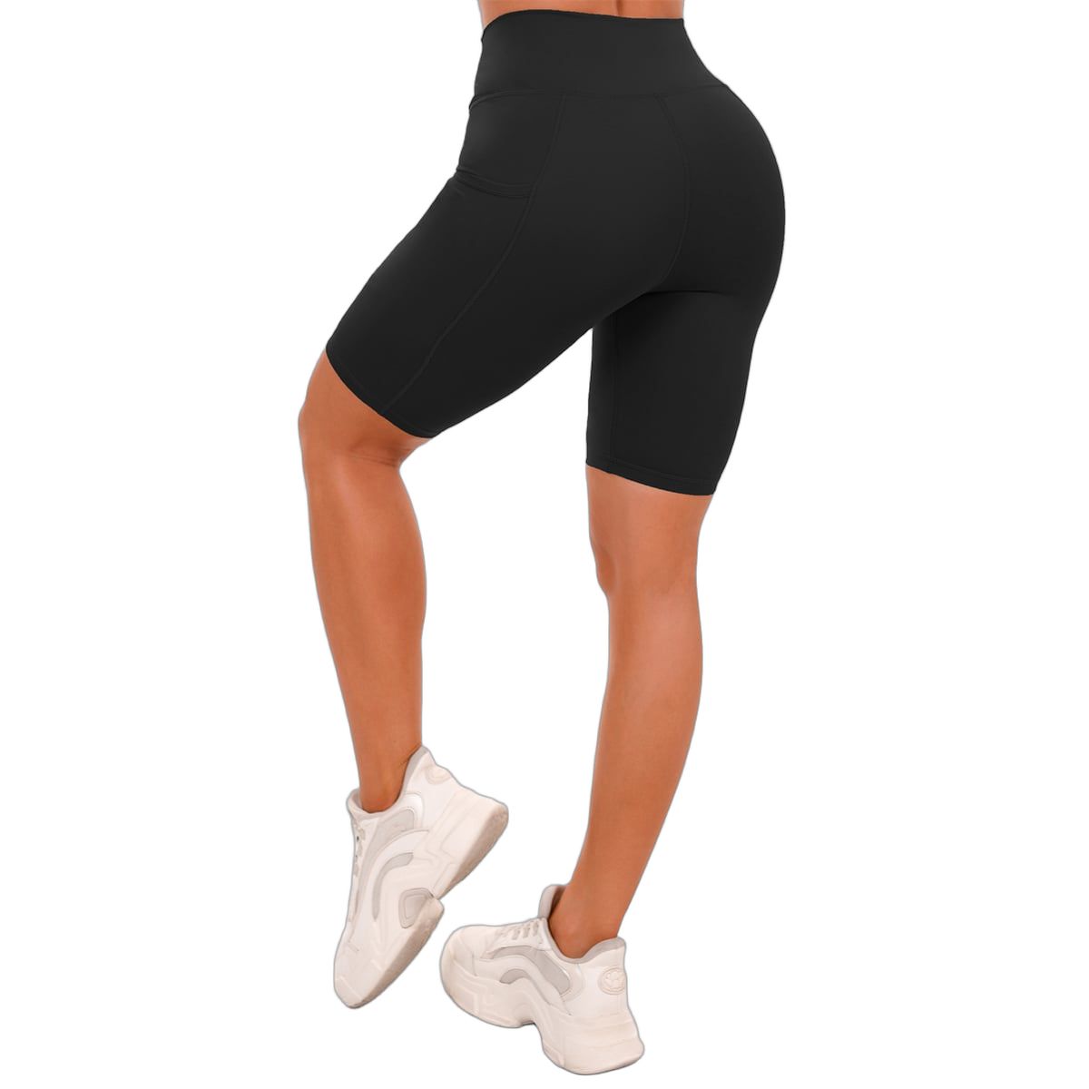 Rückansicht schwarzer Damen-Biker-Shorts mit hoher Taille und Taschen.