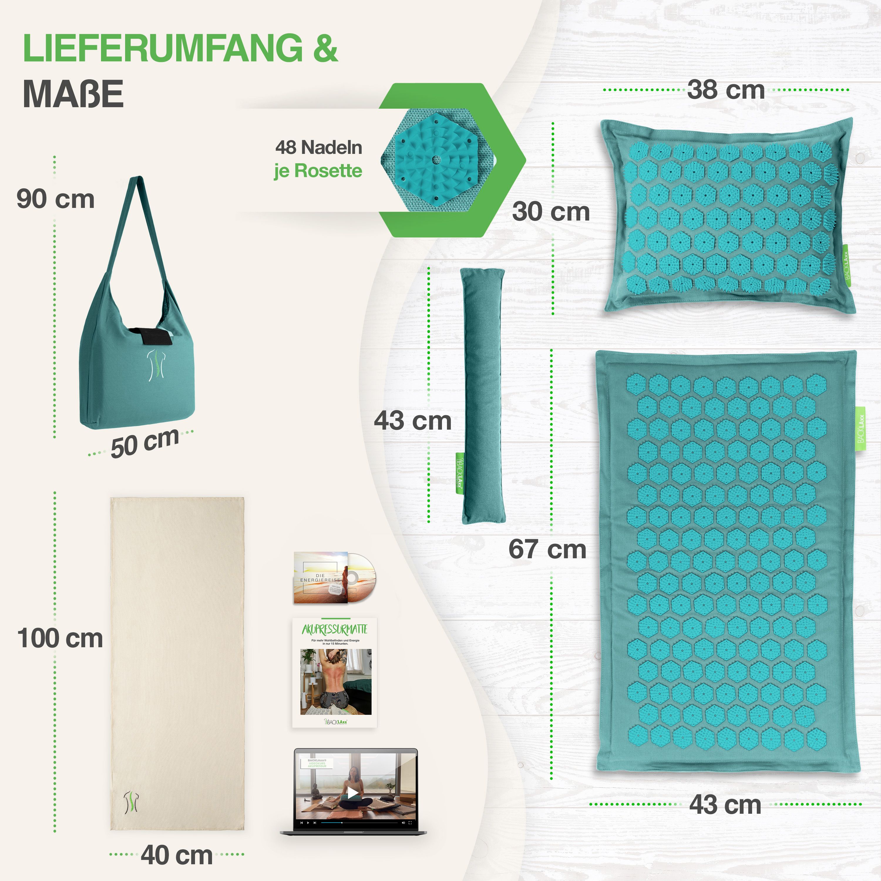 BACKLAxx Akupressurmatten Set. Tasche: 90x50cm. Matte: 100x40cm. Kissen: 38x30cm. Matte: 67x43cm. Zubehör: DVD, E-Book.