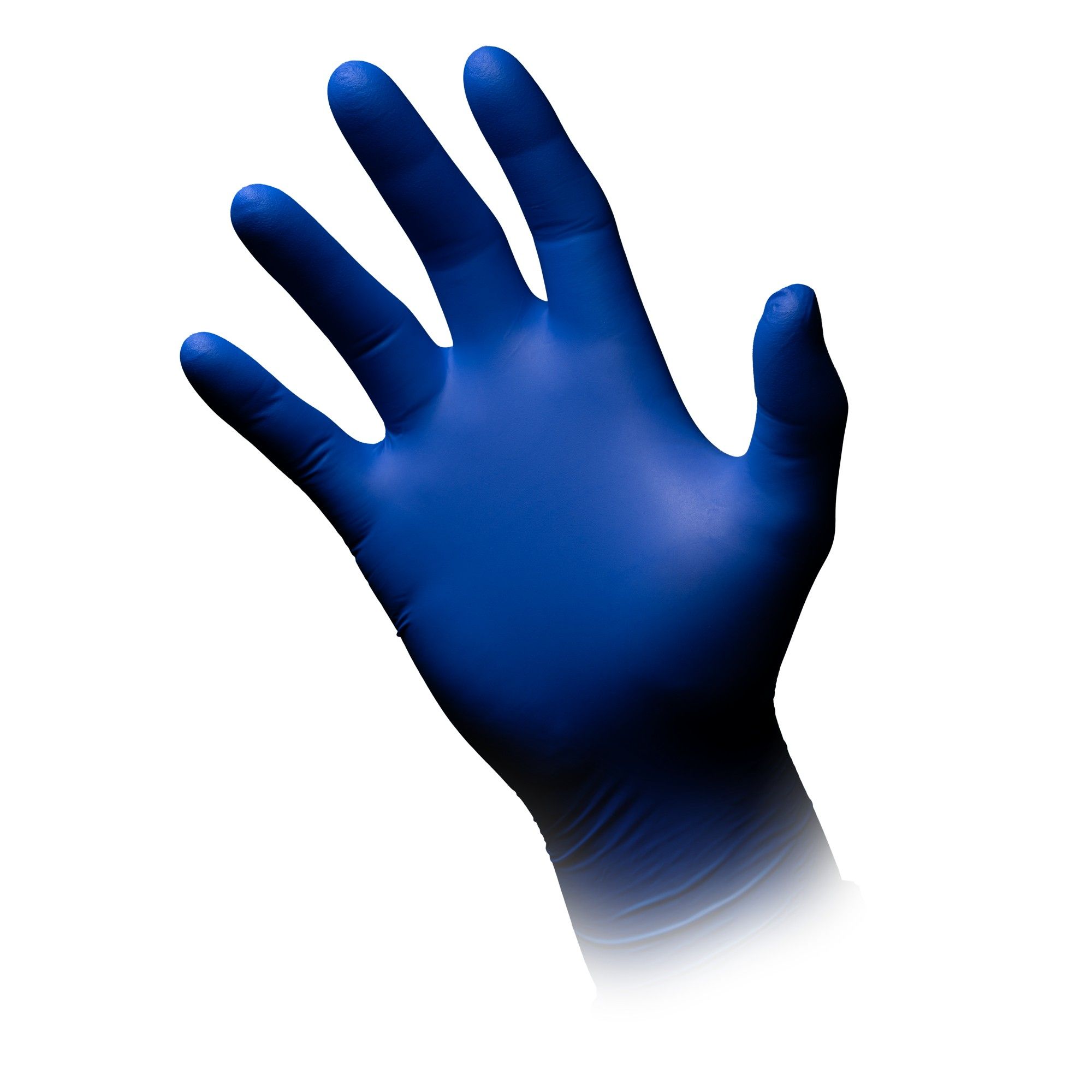Blaue Nitril-Untersuchungshandschuhe, die eine Hand bedecken, von der Handfläche aus gesehen.