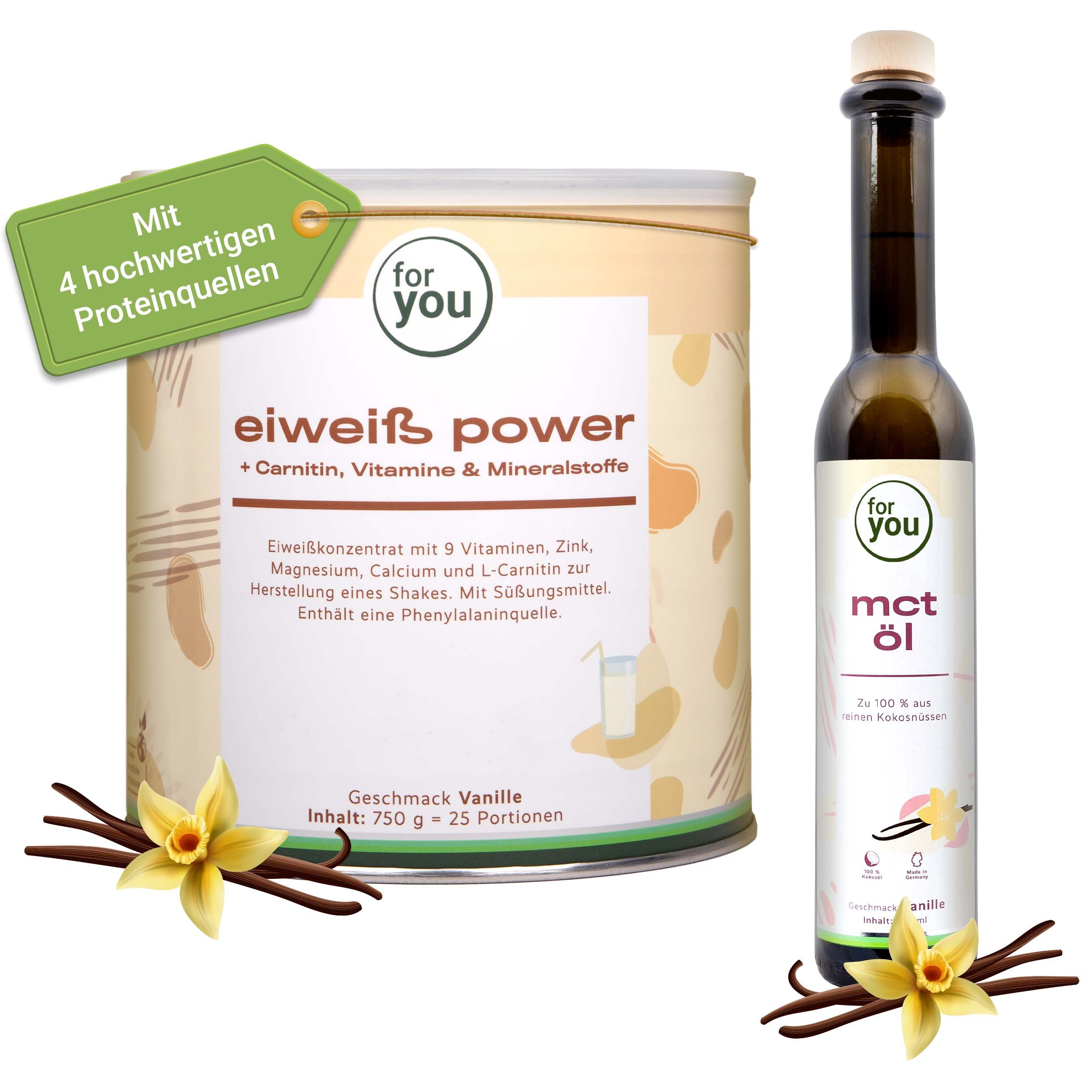 Dose und Flasche mit Produktnamen. Vanilleschoten und Blüten. Text: 4 Proteinquellen, MCT Öl.