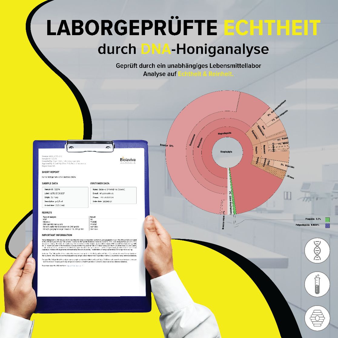 Person hält Laborbericht. Diagramm mit farbigen Sektoren. Text: Laborgeprüfte Echtheit durch DNA-Honiganalyse.