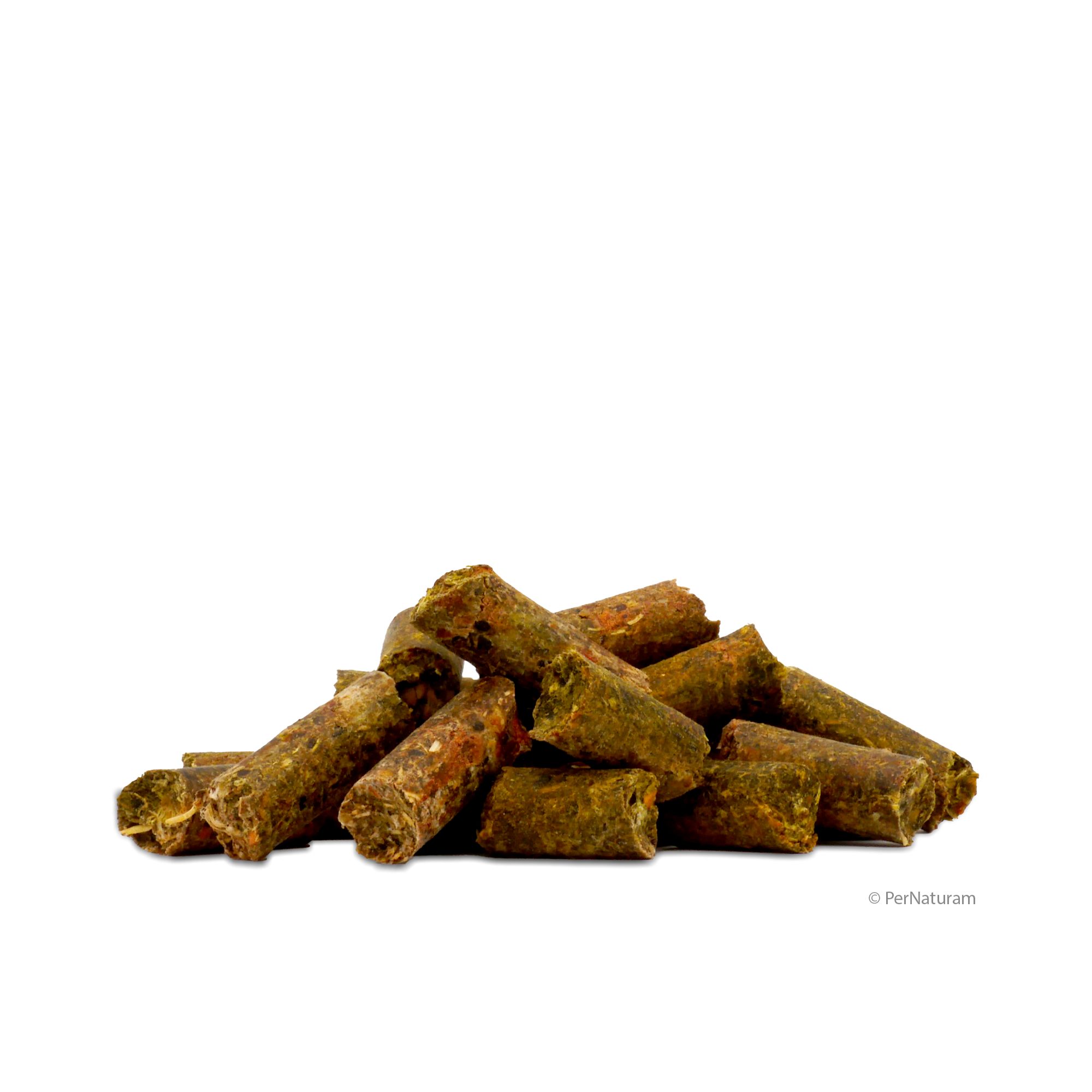 Haufen zylindrischer Pellets. Grün-braune Farbe. Einzelne Pellets sind sichtbar.