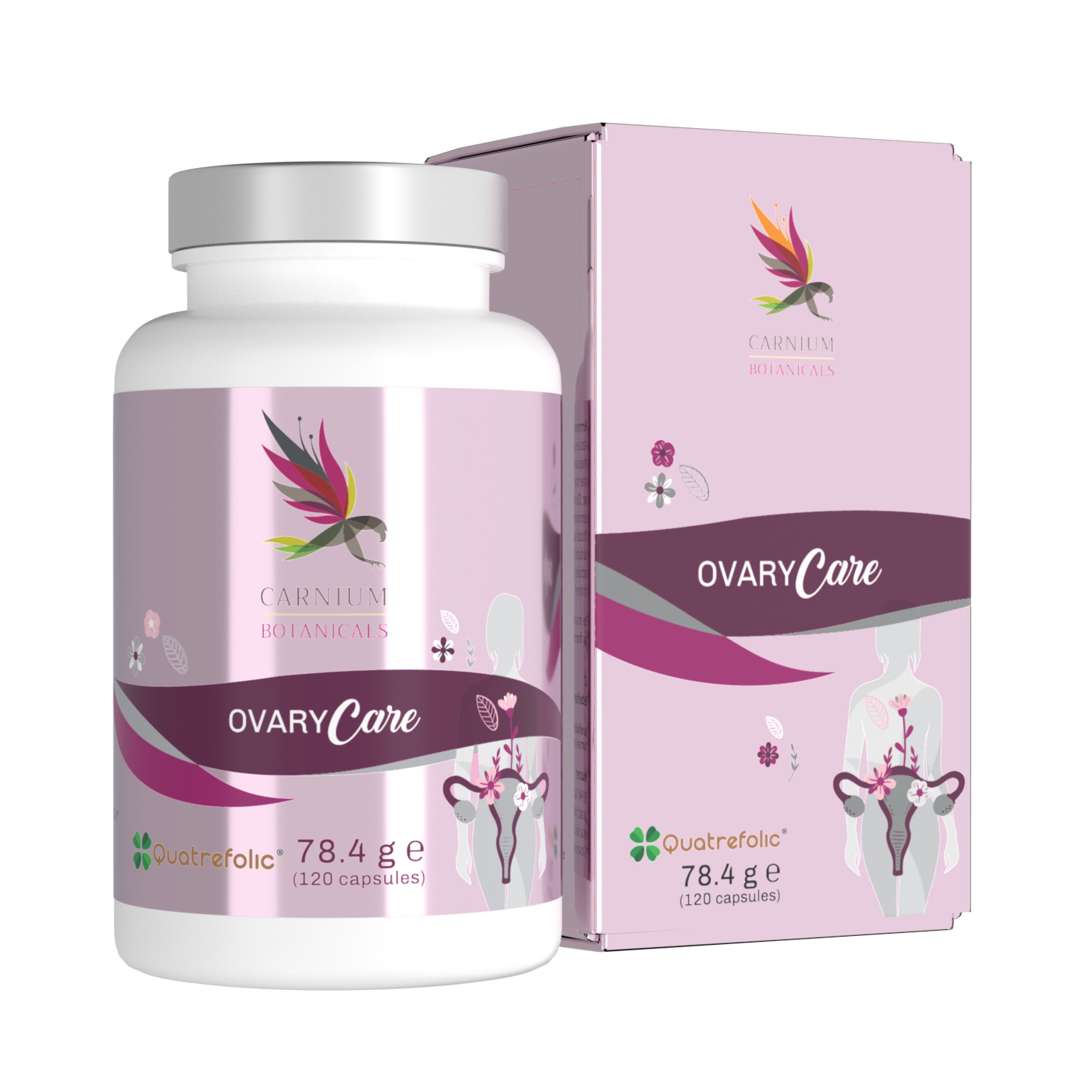 Flasche und Karton von Ovary Care Kapseln von Carnium Botanicals.