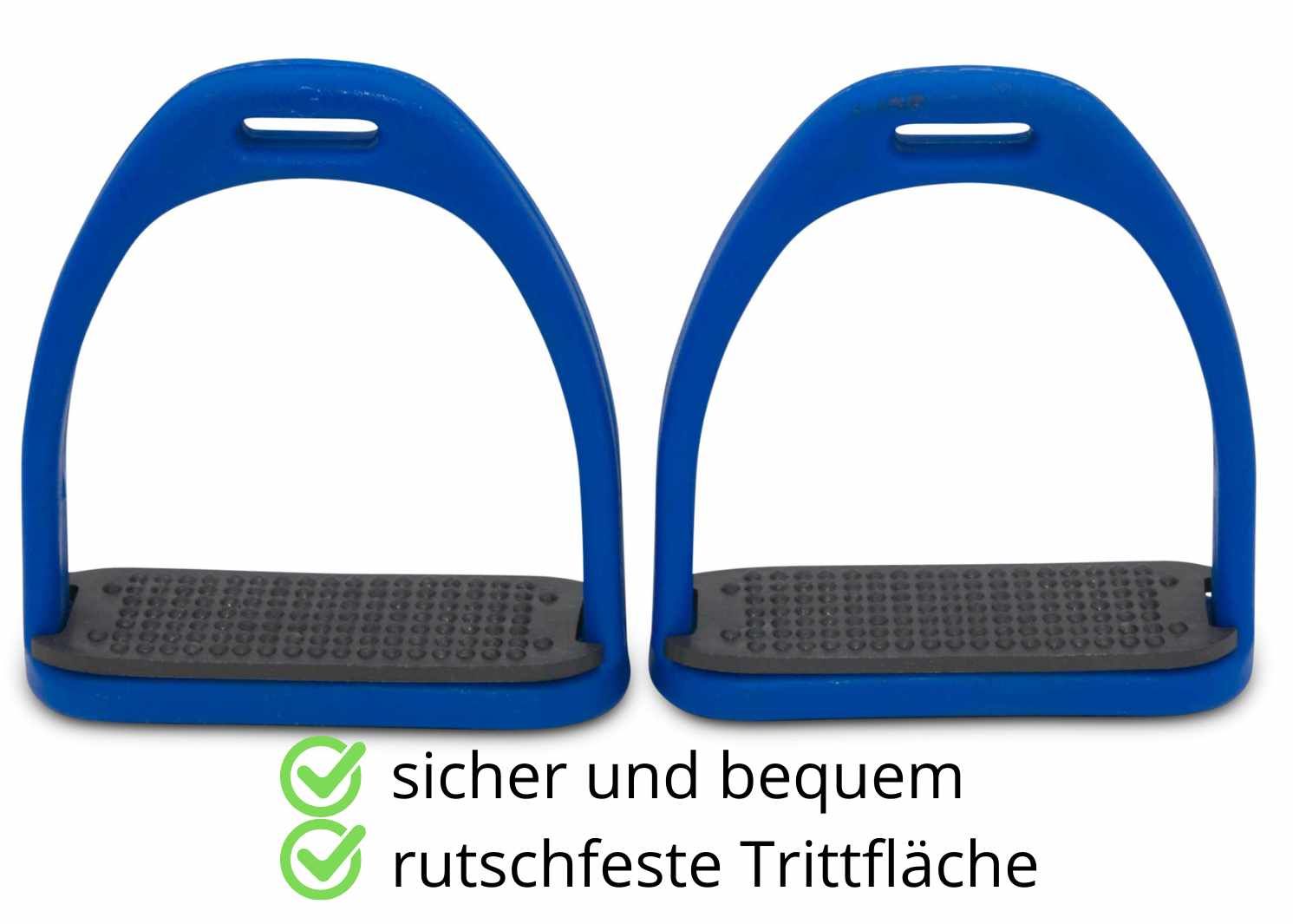 Zwei blaue Steigbügel. Rechteckige Trittfläche mit gerundetem Bügel. Text: sicher und bequem, rutschfeste Trittfläche.