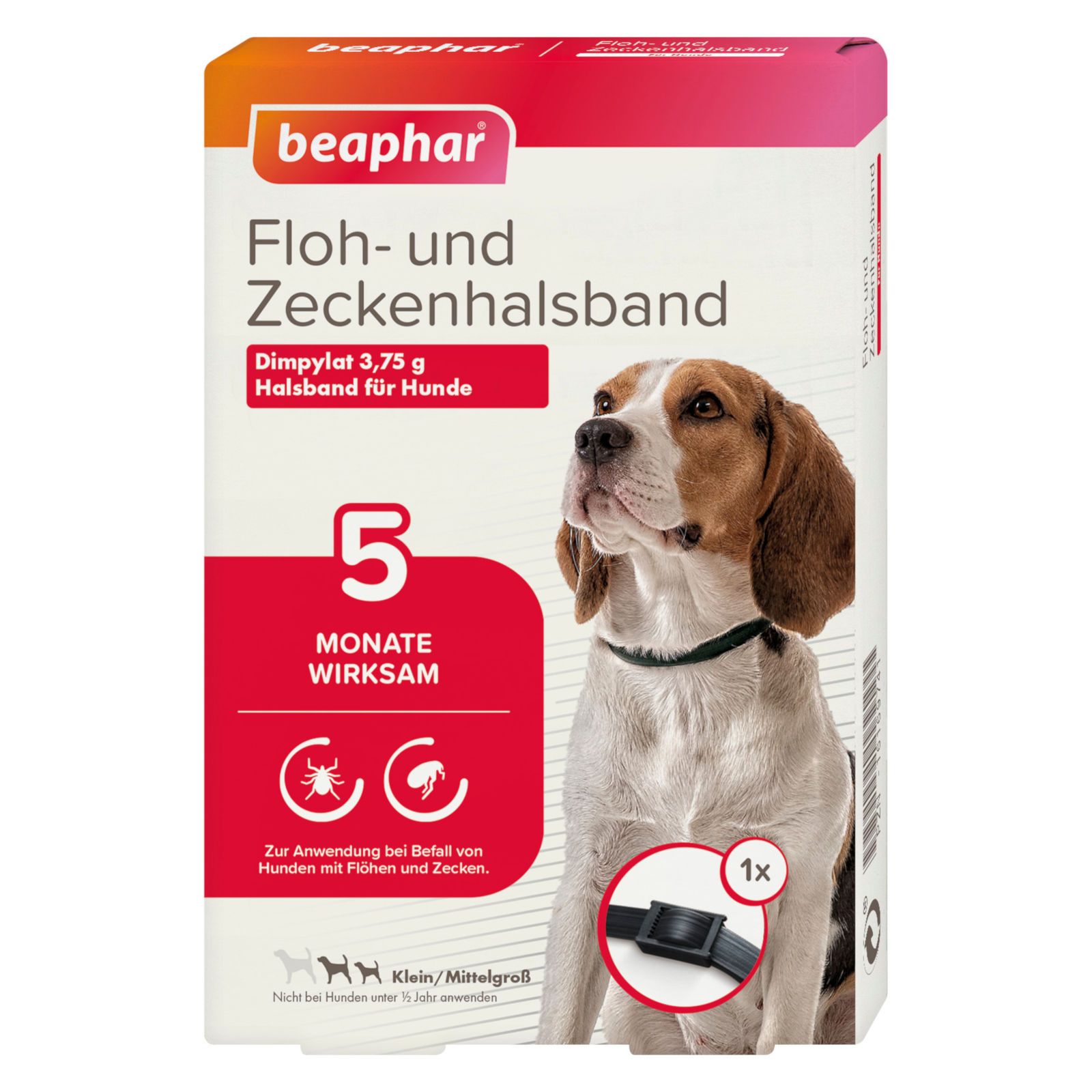 Verpackung mit Beaphar Floh- und Zeckenhalsband für Hunde. Enthält ein Halsband. Auf der Verpackung ist ein Hund abgebildet.