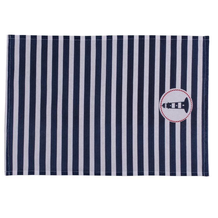 Geschirrtuch mit blau-weißen Streifen und Leuchtturm-Motiv in einem runden Rahmen.