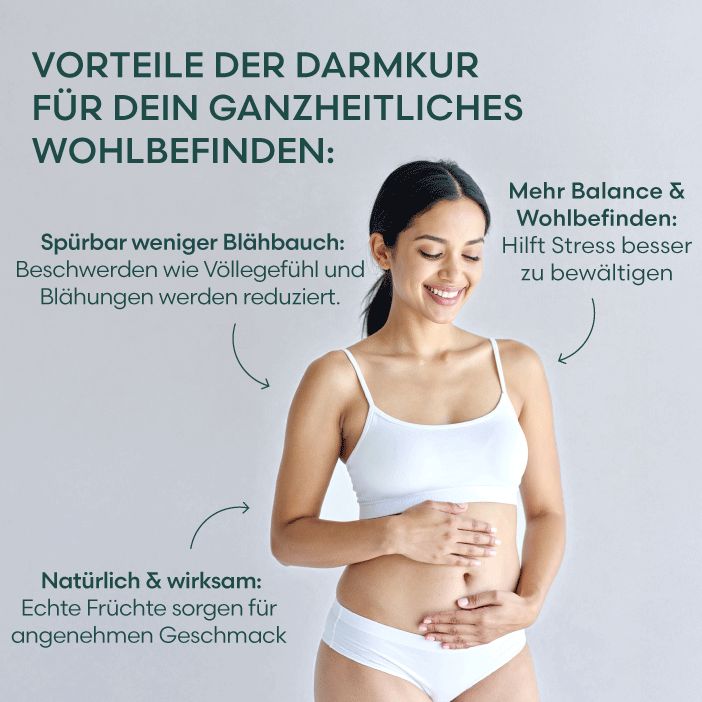 Frau lächelt. Text: Vorteile der Darmkur. Weniger Blähbauch. Natürliche Früchte. Mehr Balance & Wohlbefinden.