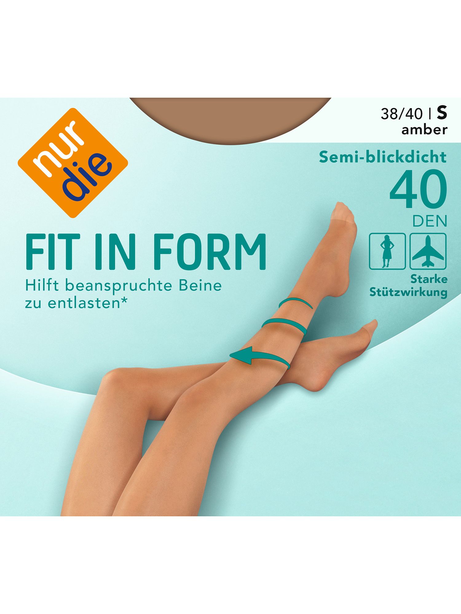 Hautfarbene Strumpfhose mit der Aufschrift "FIT IN FORM". Größe 38/40, Stützwirkung. Aufdruck "40 DEN".
