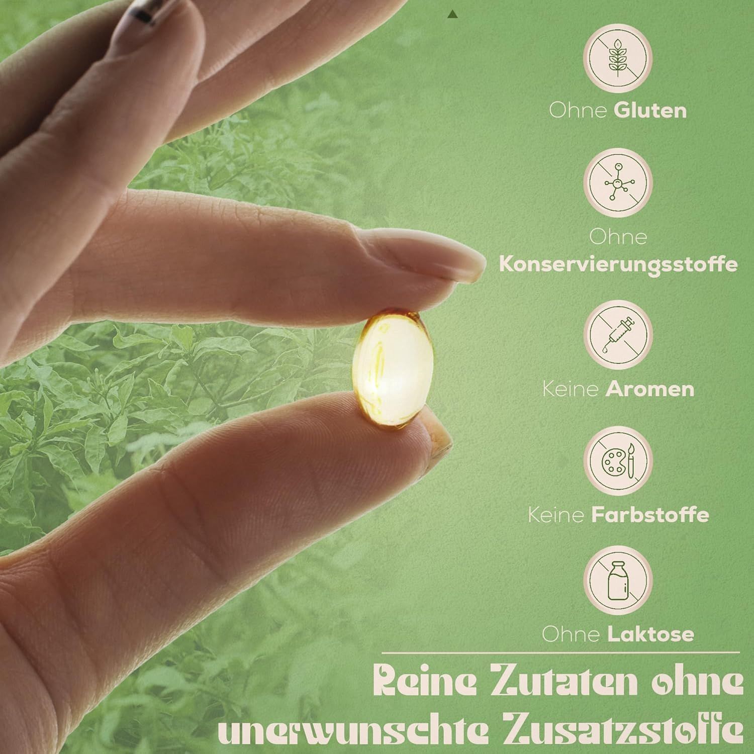 Hand hält Kapsel. Text: Reine Zutaten ohne unerwünschte Zusatzstoffe. Ohne Gluten, Konservierungsstoffe, Aromen, Farbstoffe, Laktose.